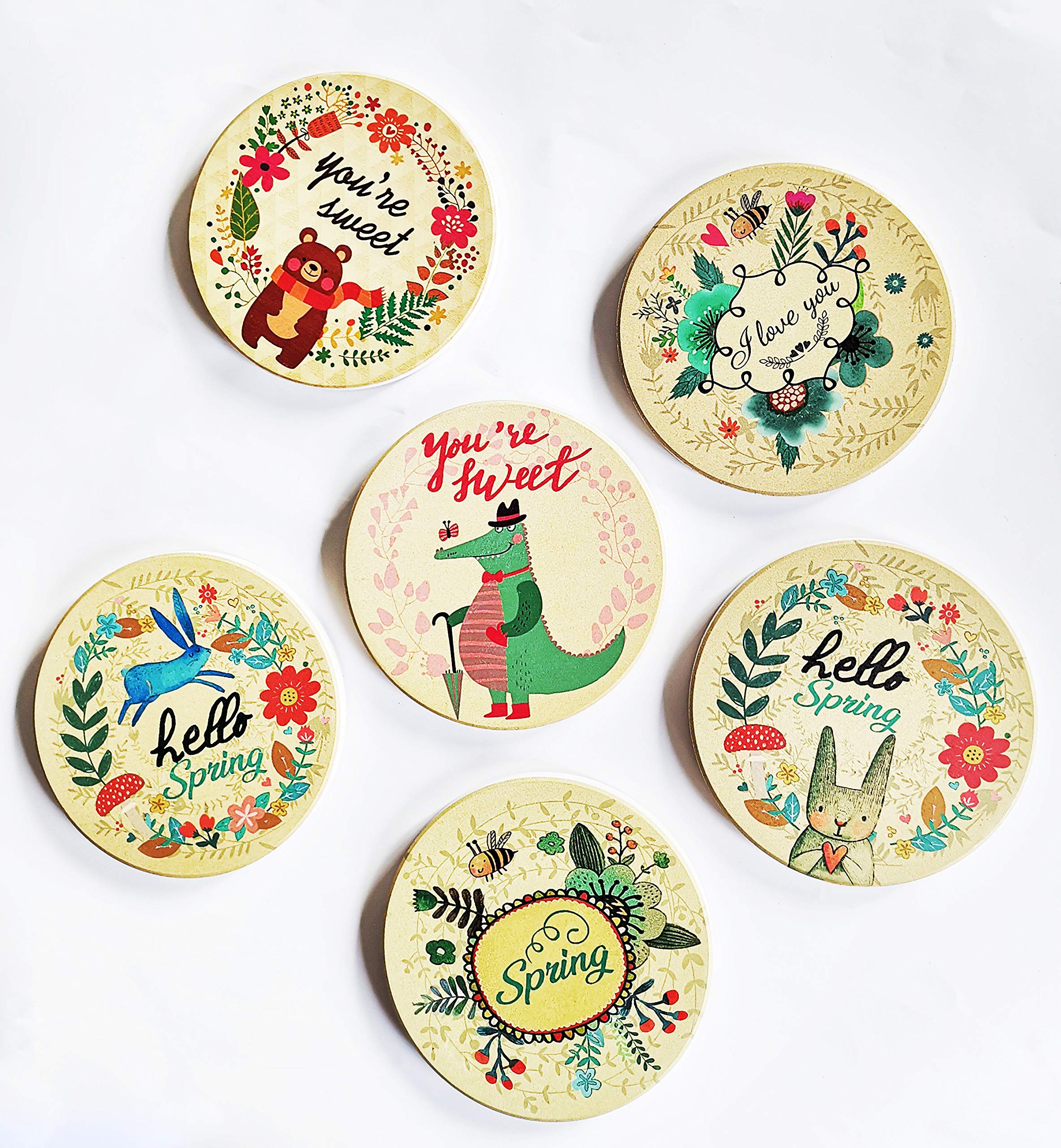 Animal Coasters for Drinks Absorbent with Holder,Ceramic Stones Coasters with 6 Patterns, Cup Bar Coasters for Home Decor Coffee Bar Outdoor Coasters Housewarming Gift Multi