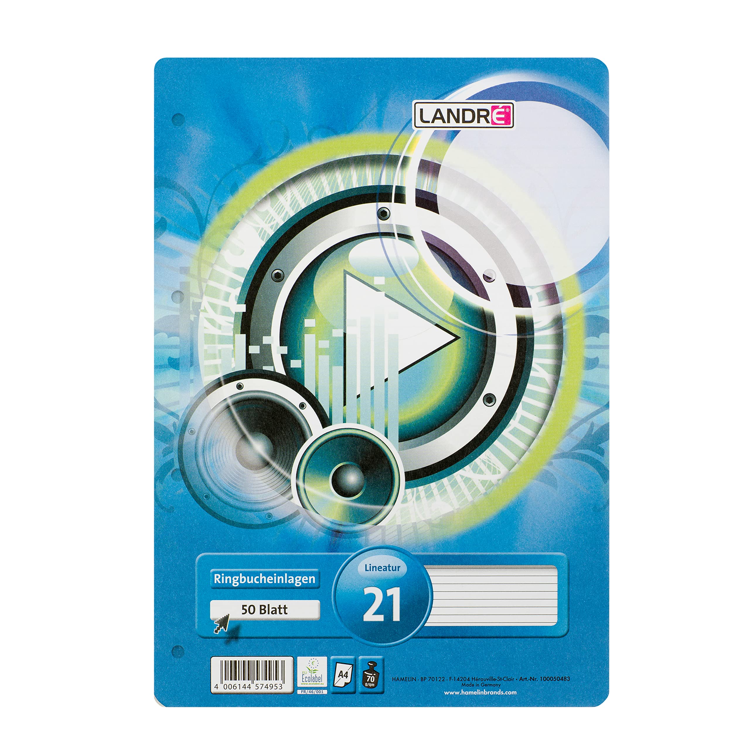 Landré Wkłady do segregatora A4 w linie, 50 arkuszy papieru w linie 70 g/m², okrągłe narożniki, dziurkowane, 10 sztuk