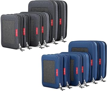 LeanTravel Compression Packing Cubes for Travel Organizers with Double Zipper 12-Pack Black-Blue