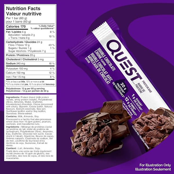 Quest Nutrition Double Chocolate Chunk Protein Bar, High Protein, High Fibre, Low Sugar, Keto Friendly, 20g Protein, 1g Sugar, 4ct - 2