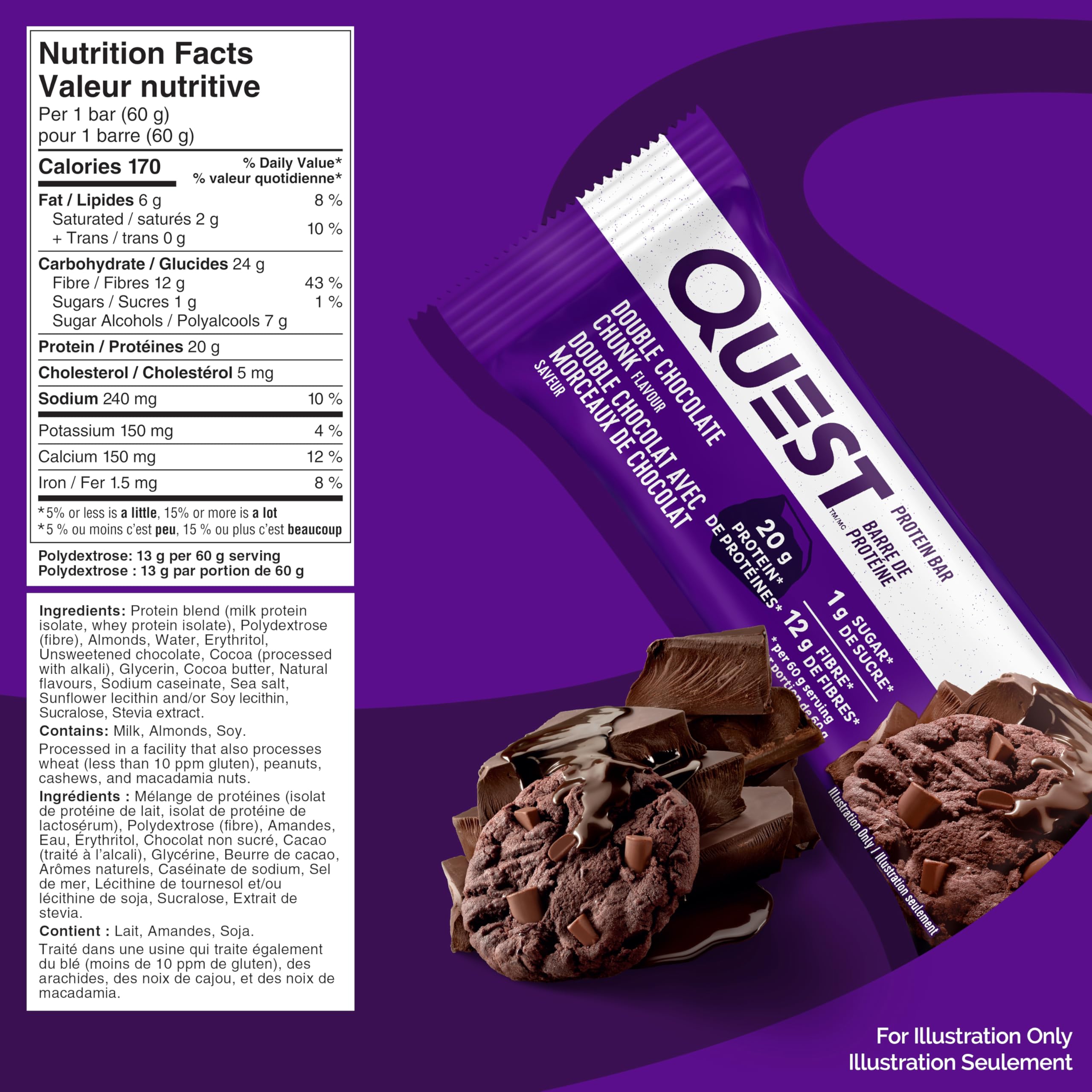 Quest Nutrition Double Chocolate Chunk Protein Bar, High Protein, High Fibre, Low Sugar, Keto Friendly, 20g Protein, 1g Sugar, 4ct - 3