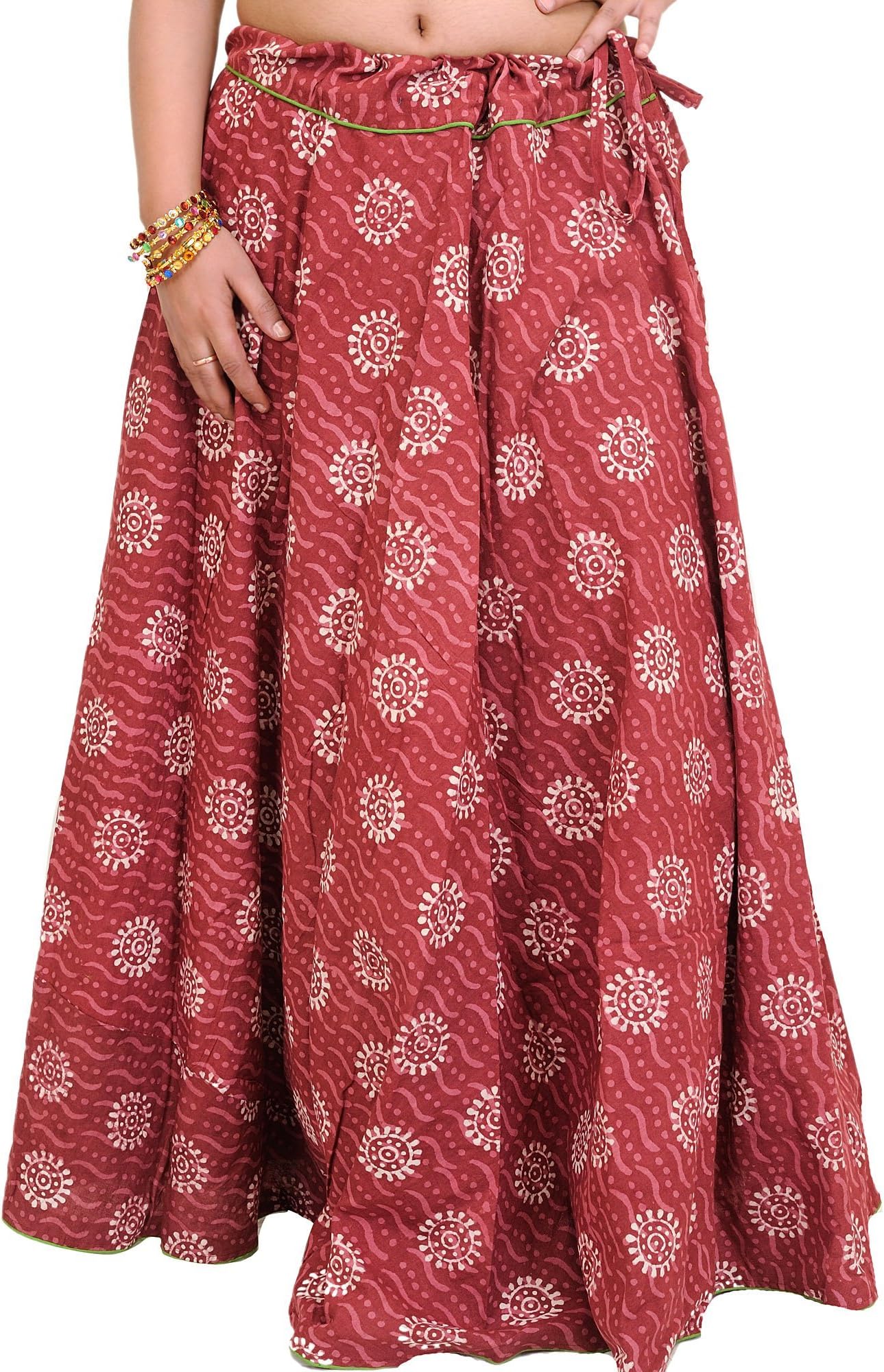 Exotic India Earth-Red Long Ghagra Skirt with Bagdoo Printed Chakras and P - Red