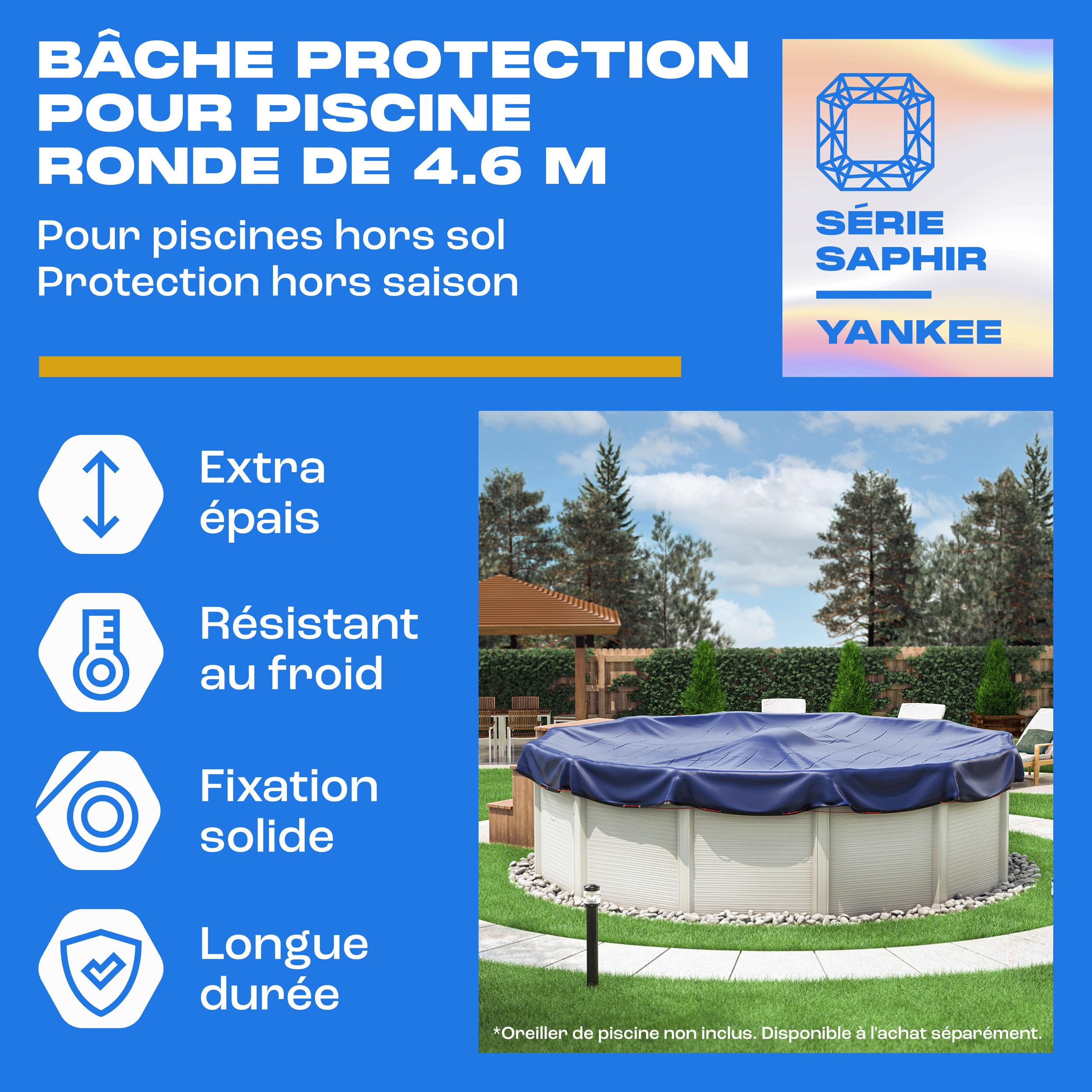 Yankee Bâche Piscine Ronde pour 420–460 cm | Diamètre Bâche Ø 520 cm | Bleu | Housse de Protection Été Hiver | Couverture PE 200 g/m² Renforcée | Résistante aux UV et Déchirures