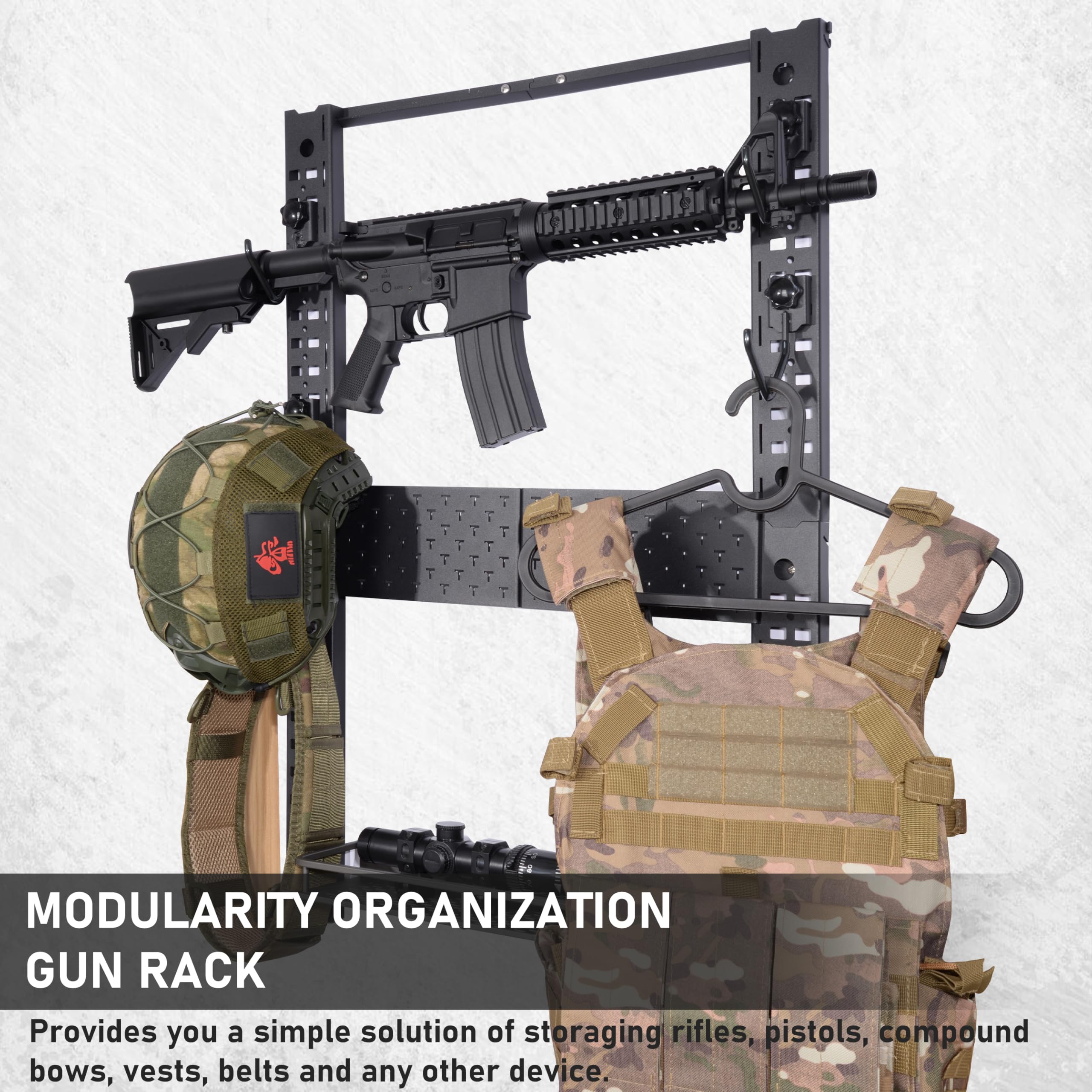 BOOSTEADY Waffenwandhalterung Modulare Gewehrhalter Waffenständer mit 10 J-Haken und Aufbewahrungsfach für bis zu 54 kg, 81,5 x 55,9 cm