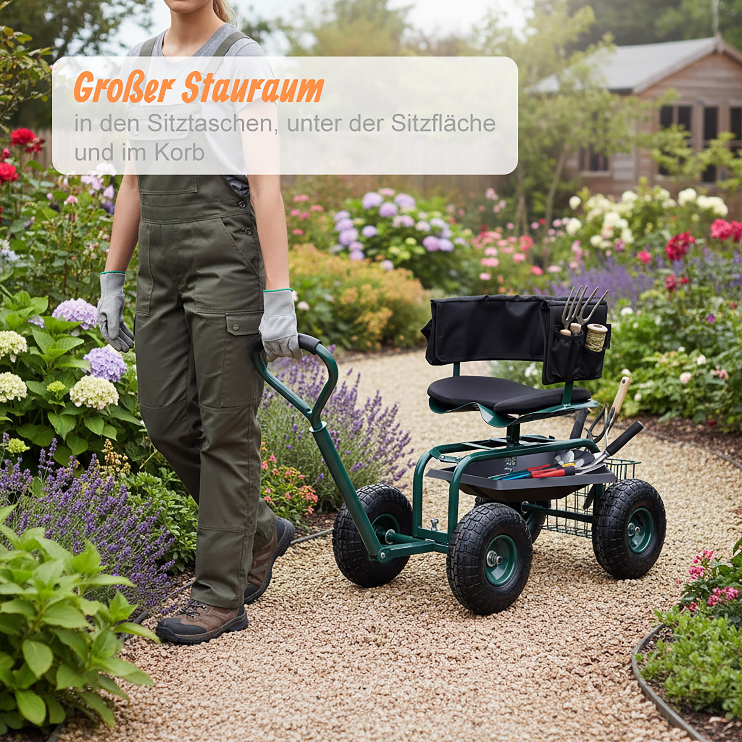 Relaxdays fahrbarer Gartensitz, höhenverstellbar, 150 kg, Stauraum, Lenkstange, Sitzkissen, Lehne, Gartenwagen, grün