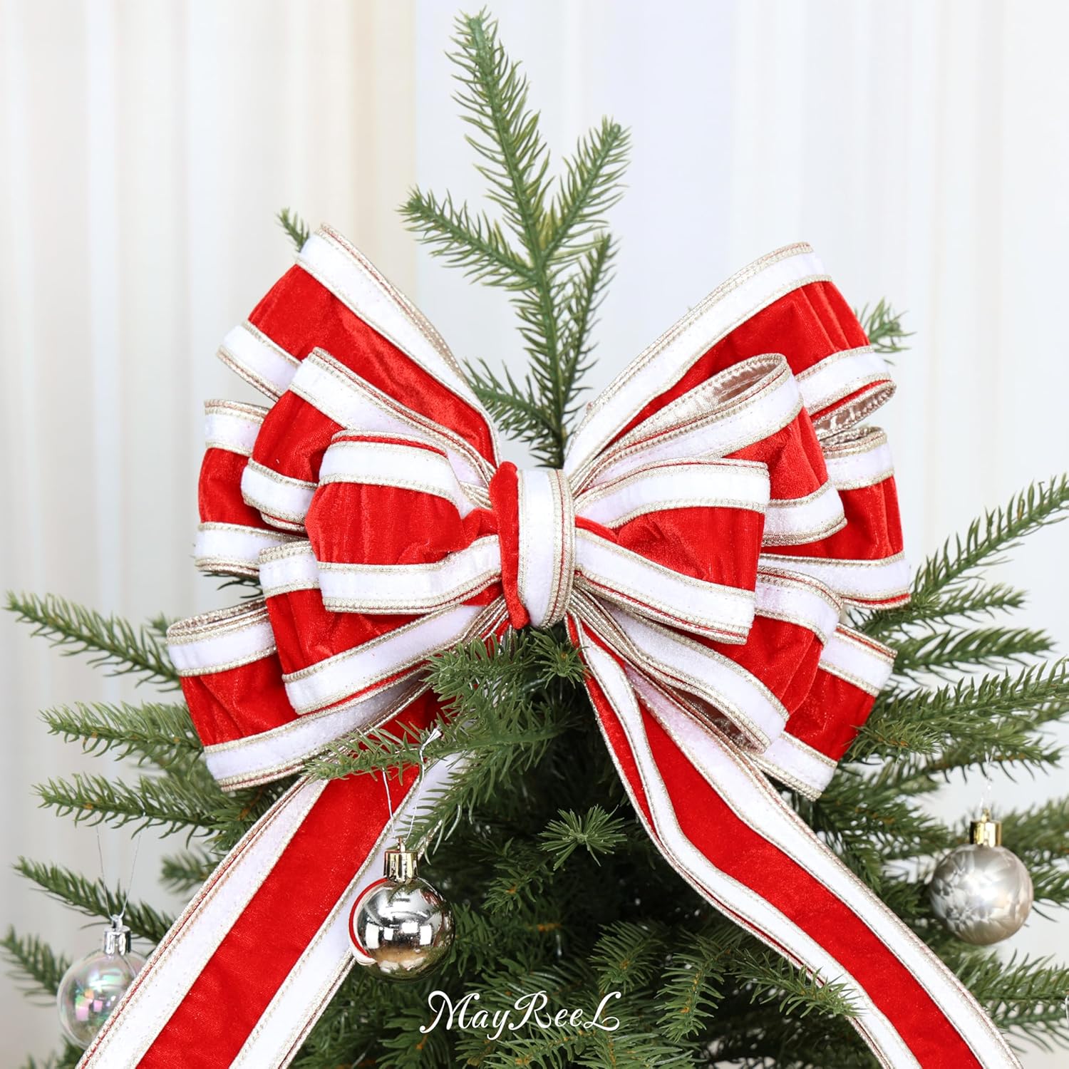 MAYREEL Double Color Red and White Velvet Wired Ribbon 2.5 Inch Christmas Tree Ribbon, 10 Yards Roll – Festive Holiday Craft, Gift Wrapping, Wreath Supplies, Bows, Garlands & Decoration