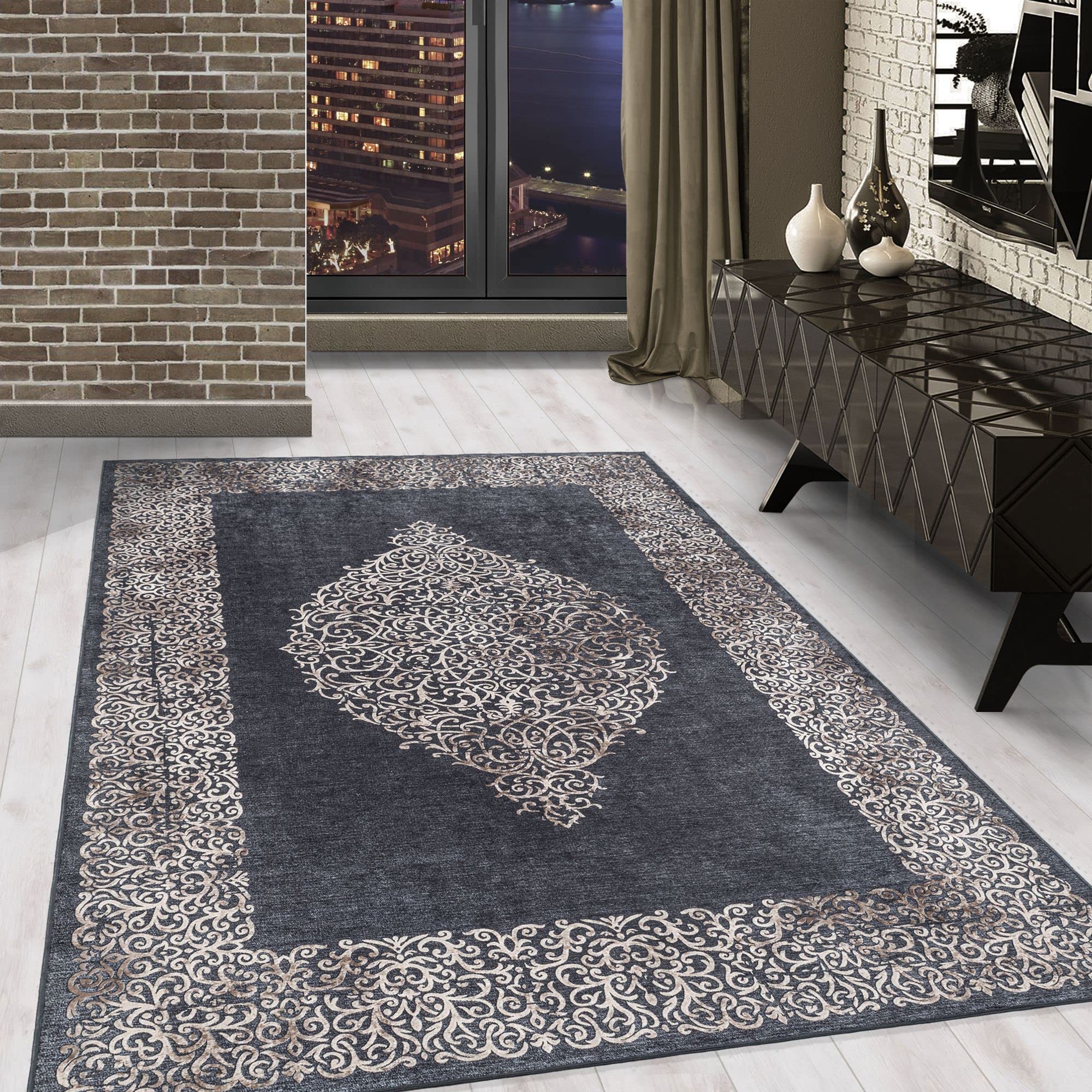 Tapis de salon baroque noir 140 x 200 cm idéal pour salle à manger