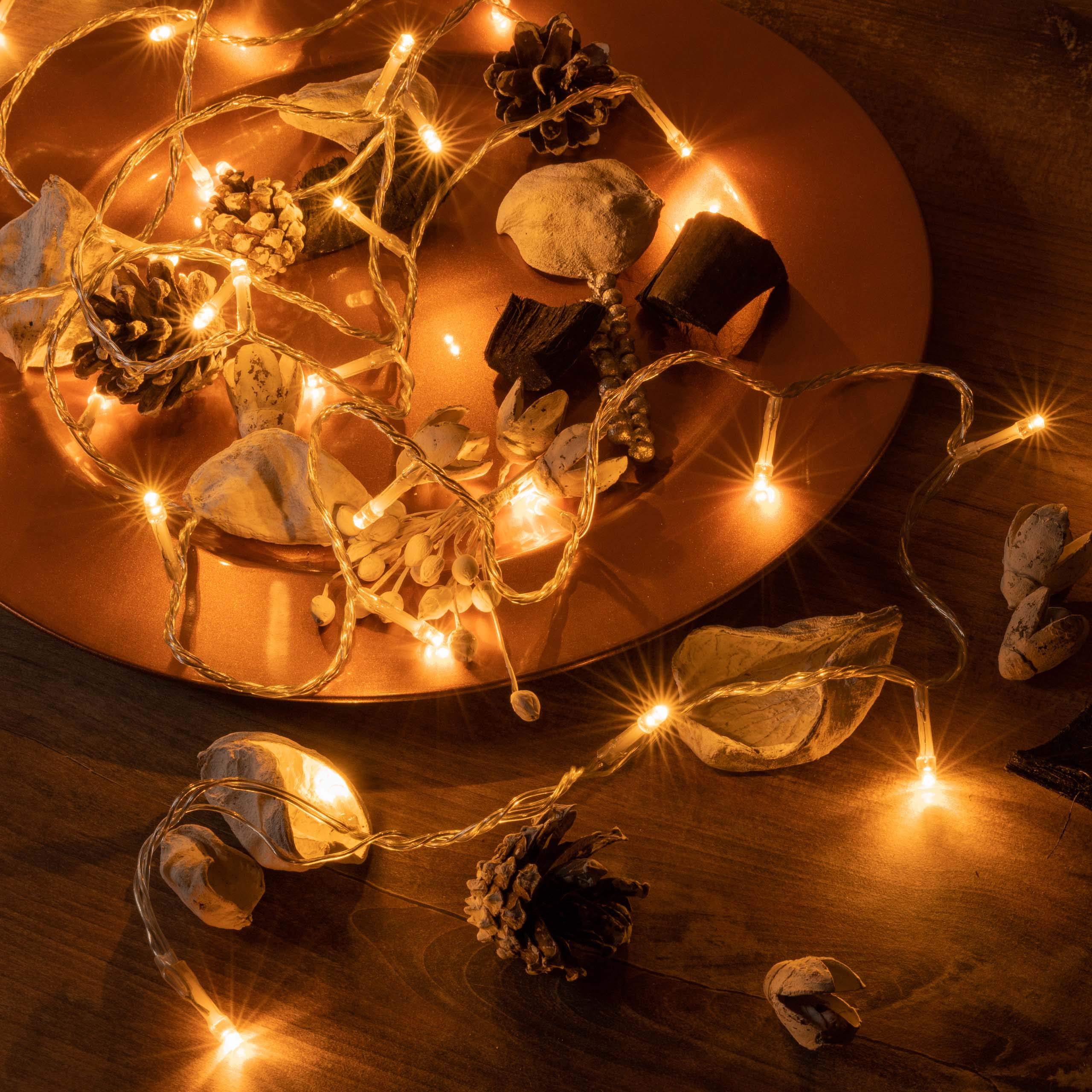 100er LED-Lichterkette Warmweiß – 20 M, IP44, Grünes Kabel, Mit Trafo, Für Innen & Außen
