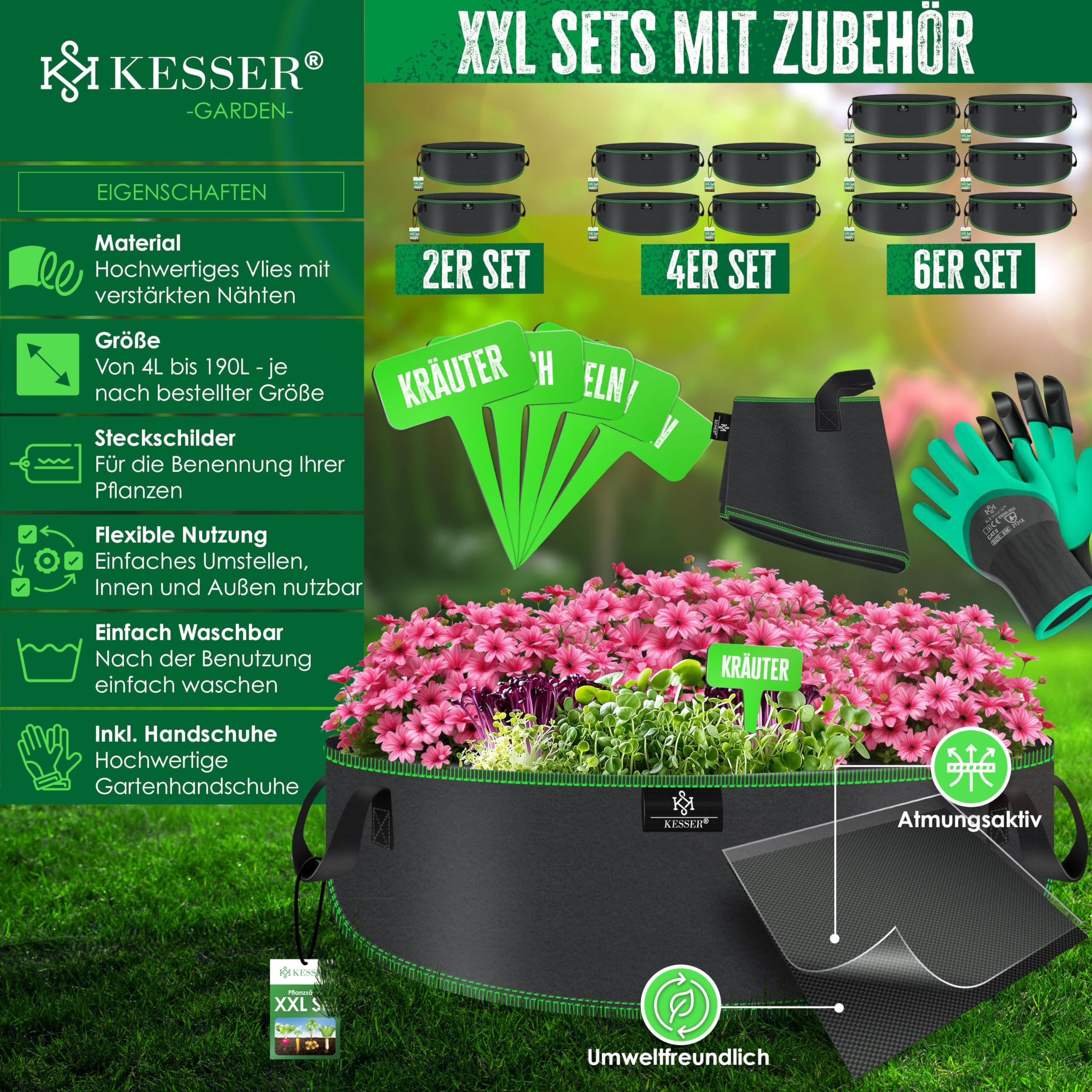 KESSER® Bolsa de Plantación 190 litros - 4er Set | Bolsas de Plantación de Tela no Tejida Incl. Etiqueta y Guantes de Jardín | Bolsa de Plantación de Patatas con Ventana y Asas - Negro