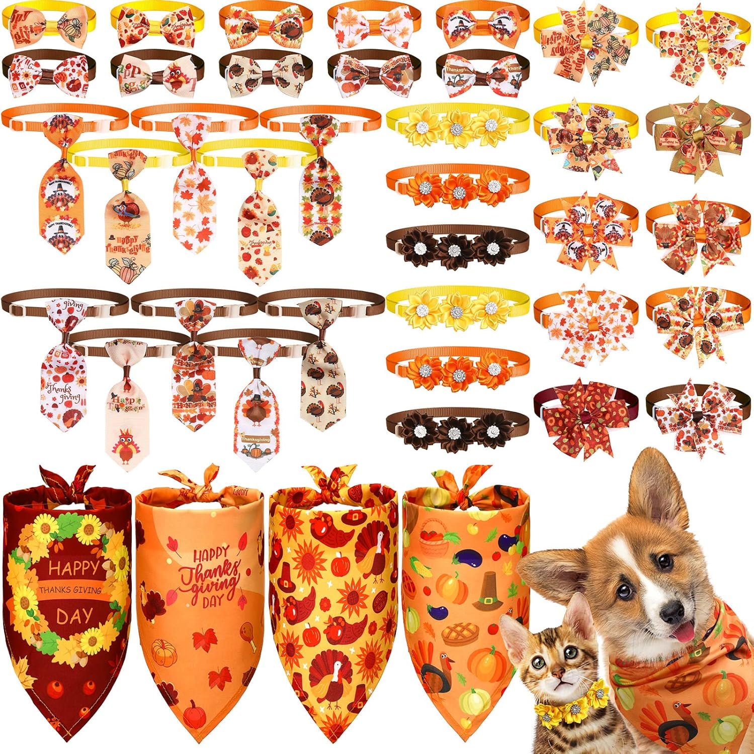 Reginary 40 Pcs Thanksgiving Dog Bow Ties Set 26 Fall Pet Bow Ties 10 Turkey Maple Leaf Neckties 4 Autumn Dog Bandana for Puppy Thanksgiving Grooming Accessories