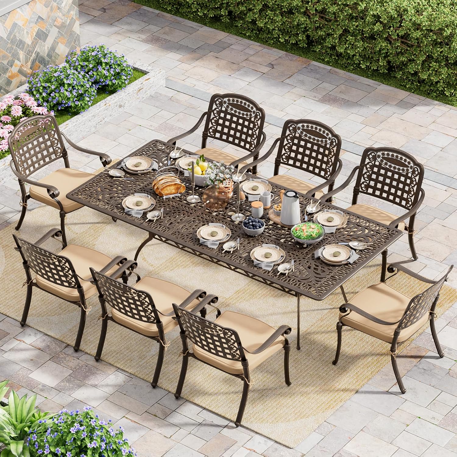 Grepatio 9 Piece Cast Aluminum Outdoor Dining Set, Patio Furniture Set with 2“ Umbrella Hole and 8 Chairs with Cushions, Patio Dining Furniture Set for Porch Poolside Garden (Khaki Grid)