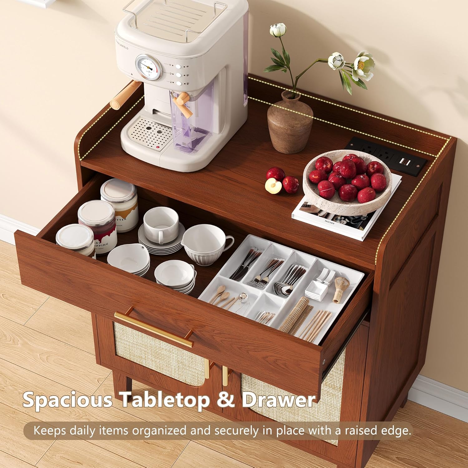 30" Rattan Sideboard Buffet Cabinet with Storage and Drawer, Boho Coffee Bar with Charging Station, Wood Accent Cabinet with Adjustable Shelf & 2 Door for Kitchen, Living Room, Entryway, Walnut