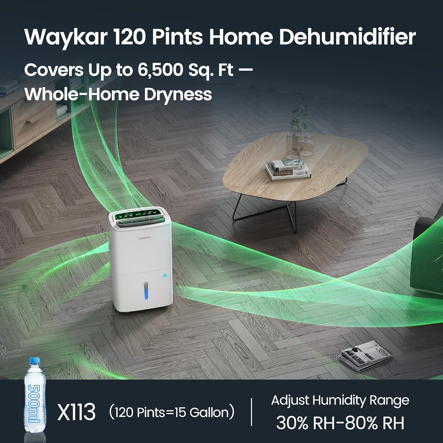 Waykar 120 Pints 2025 Energy Star Home Dehumidifier for Spaces up to 6,500 Sq. Ft for Home, Basements and Large Rooms with Drain Hose, Handle, Auto Defrost and Self-Drying