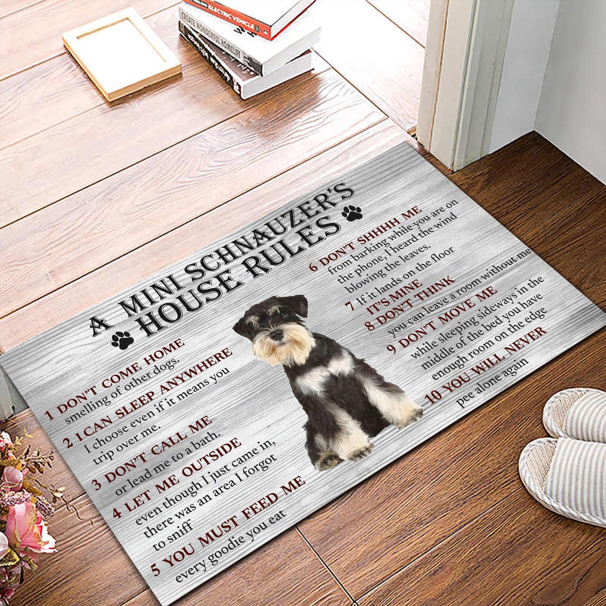 Felpudo para Puerta de Entrada, Felpudo Decorativo con diseño de Mini Schnauzer, Felpudo de Bienvenida con Reglas de la casa para Perros Schnauzer, alfombras Antideslizantes para b