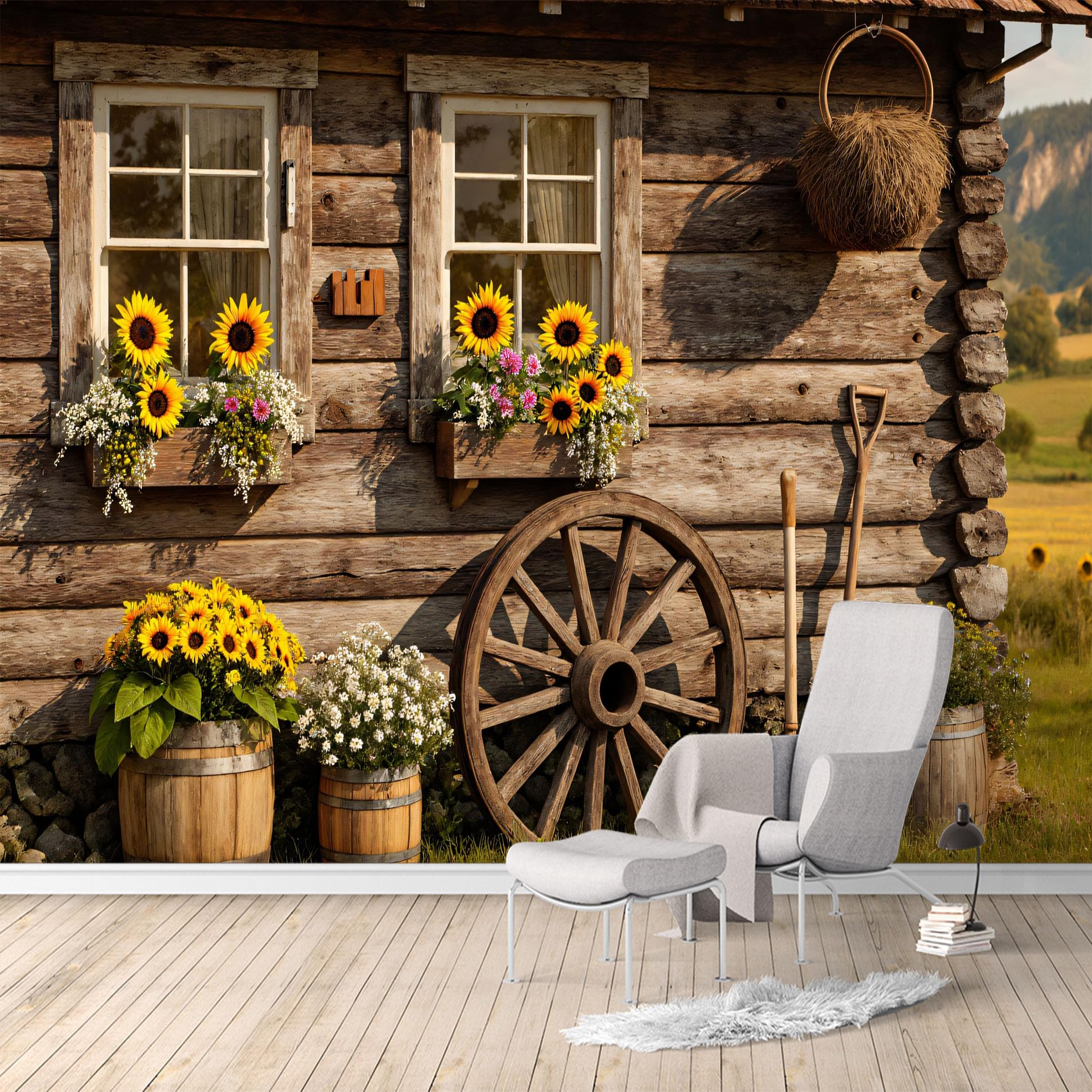 Custom Size Wall Murals, Rustic Wooden Cottage Sunflower Garden Wheel Barrel Scene, SelfAdhesive Water Activated Removable Wall Covering, Large Photo Wallpaper for Living Room Bedroom Office