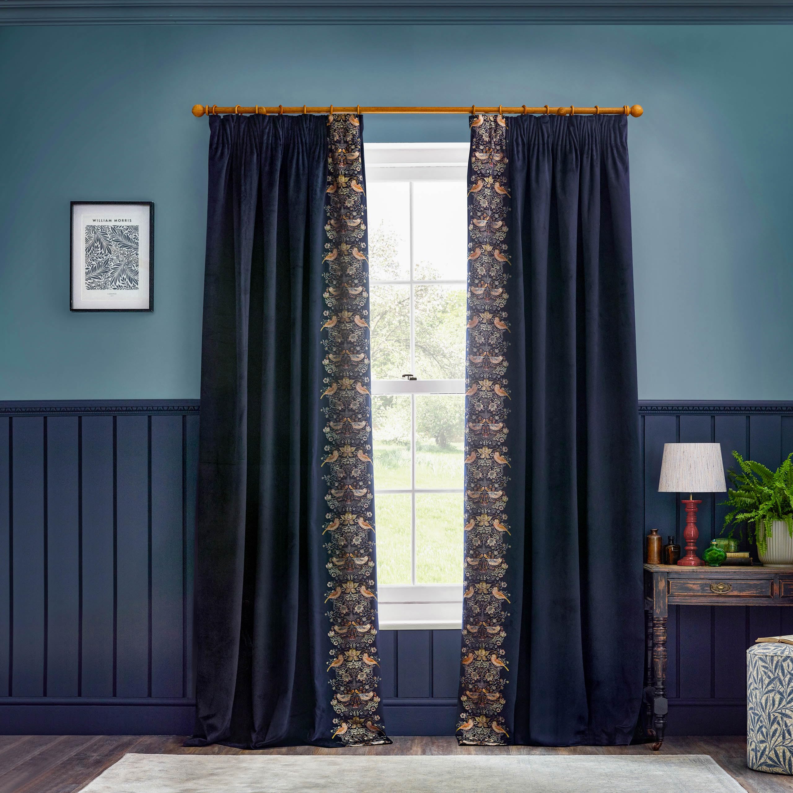 Morris & Co Indigo Strawberry Thief Embroidered Velvet Room Darkening Pencil Pleat Curtain Pair In | : 168Cm Width X 137Cm Drop