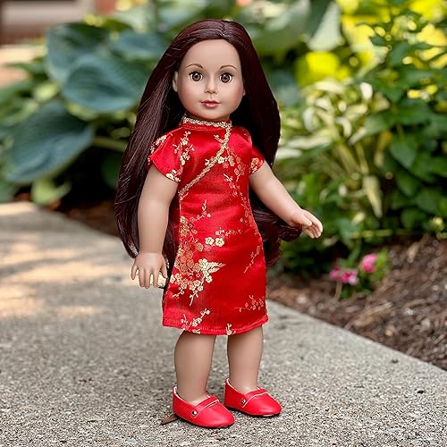 Miniatura 5 de Asian Beauty - Vestido tradicional asiático rojo y dorado con zapatos rojos, ropa para muñecas de 18 pulgadas (toll no incluido)