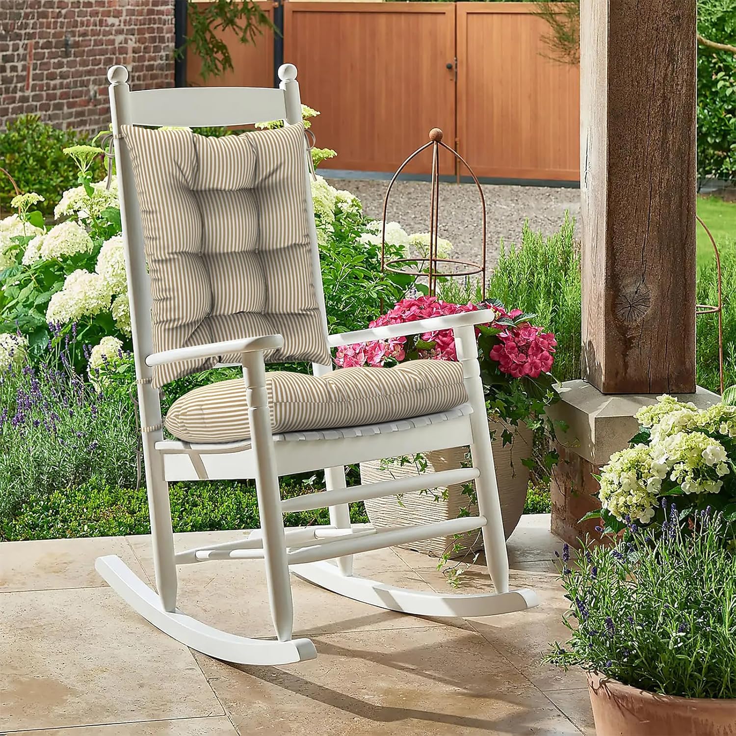 DYTXIII Set of 2 Rocking Chair Cushions for Outdoor/Indoor Use,Water Resistant Tufted High Back Chair Pads for Patio,Porch,Balcony Rocker and Adirondack Furniture - Stripe Beige