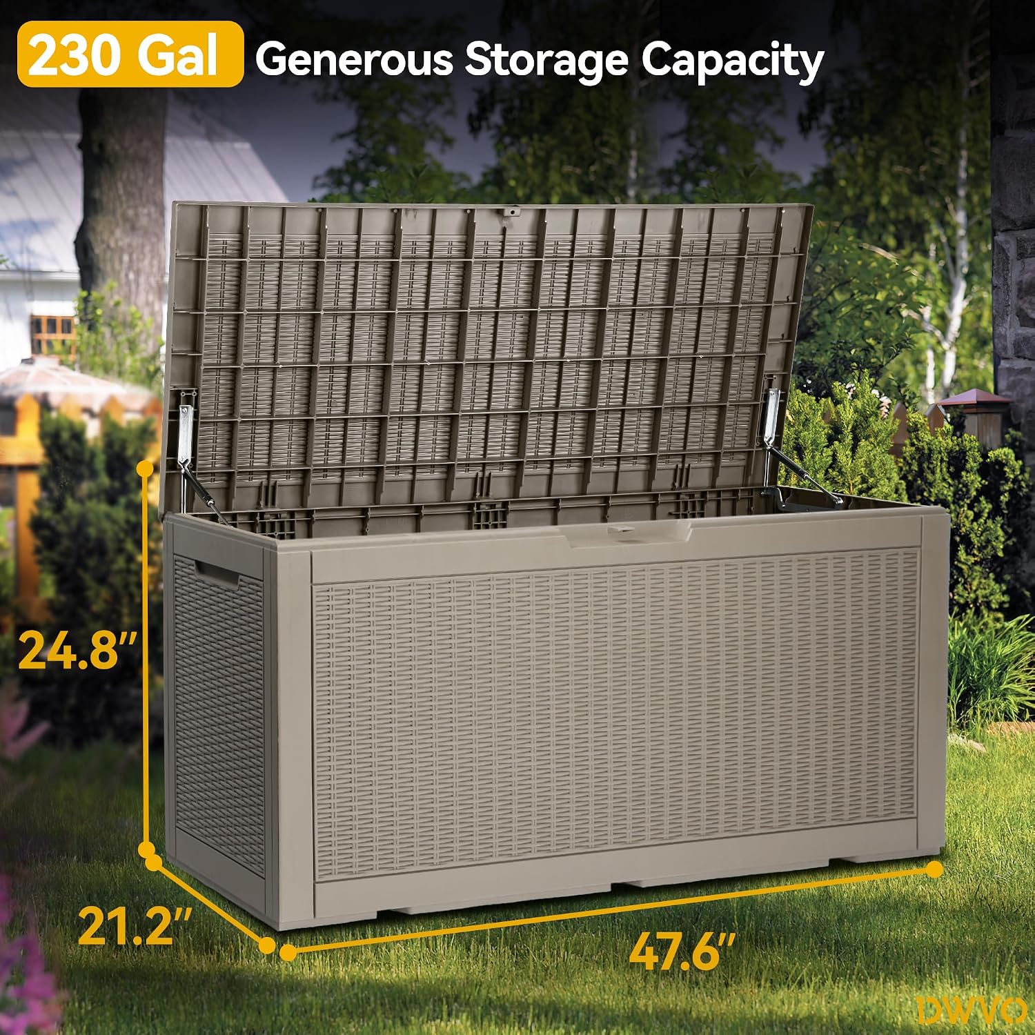 DWVO 100 Gallon Outdoor Storage Box, Large Deck Box with Patio Cushions for Gardening Tools, Pool Supplies, Lockable Waterproof and UV Resistant Resin (Light Brown)