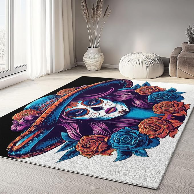 3.3 x 5 ft Washable Area Rug Multicolor Gothic, Sugar Skull, Rose Living Room Bedroom Throw Rug, Non Slip Soft Thin Indoor Floor Carpet for Office Kitchen Nursery Decor