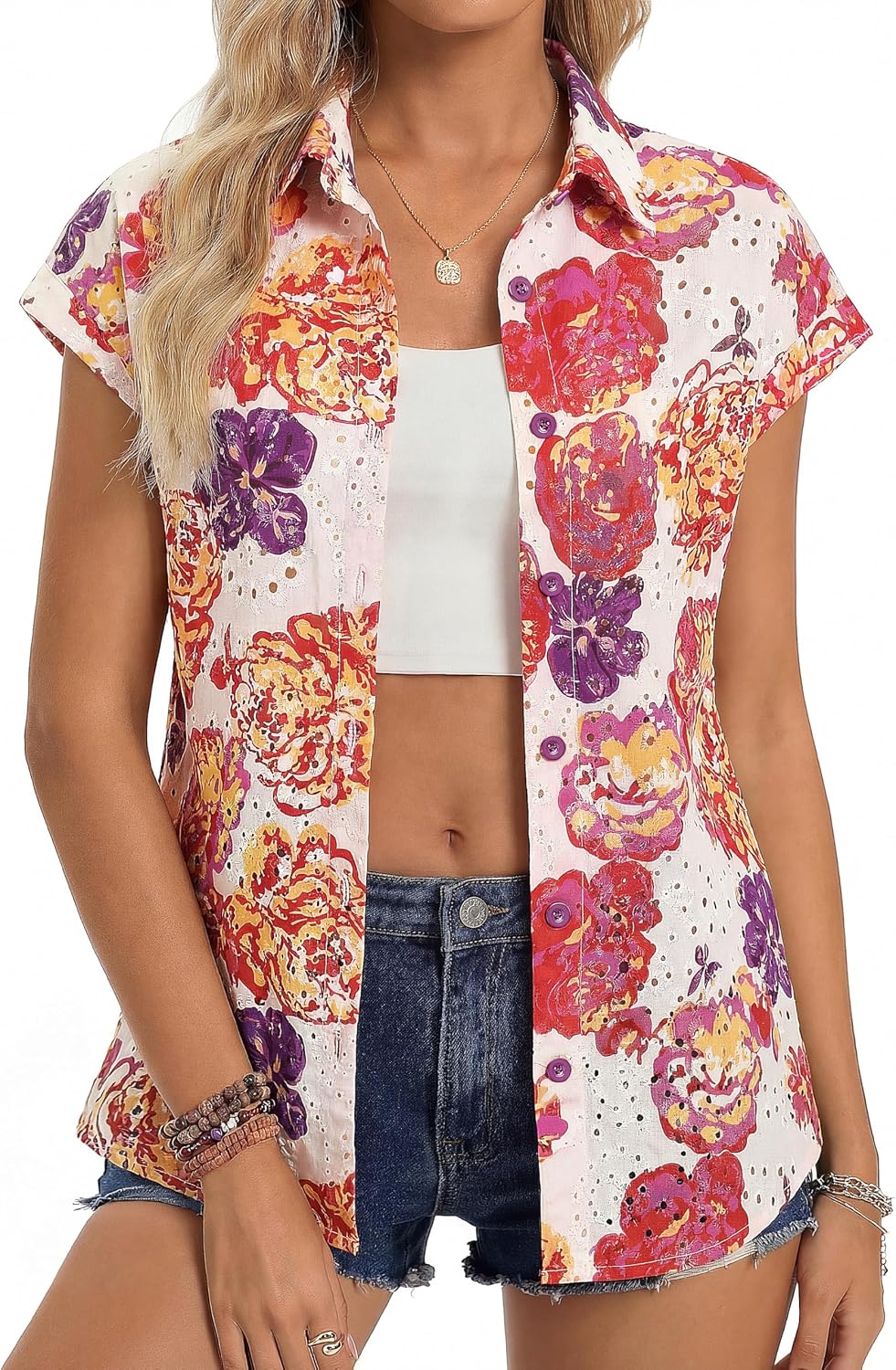 GRACE KARIN Floral Eyelet Spring Summer Tops for Women,2026 V Neck Dressy Casual Shirts,Boho Button Down Short Sleeve Blouses