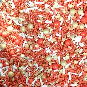 Shabby Elegant Chic Edible Confetti Sprinkles Cake Cookie Cupcake IceCream Donut Quins - 4oz Deep Coral Gold White