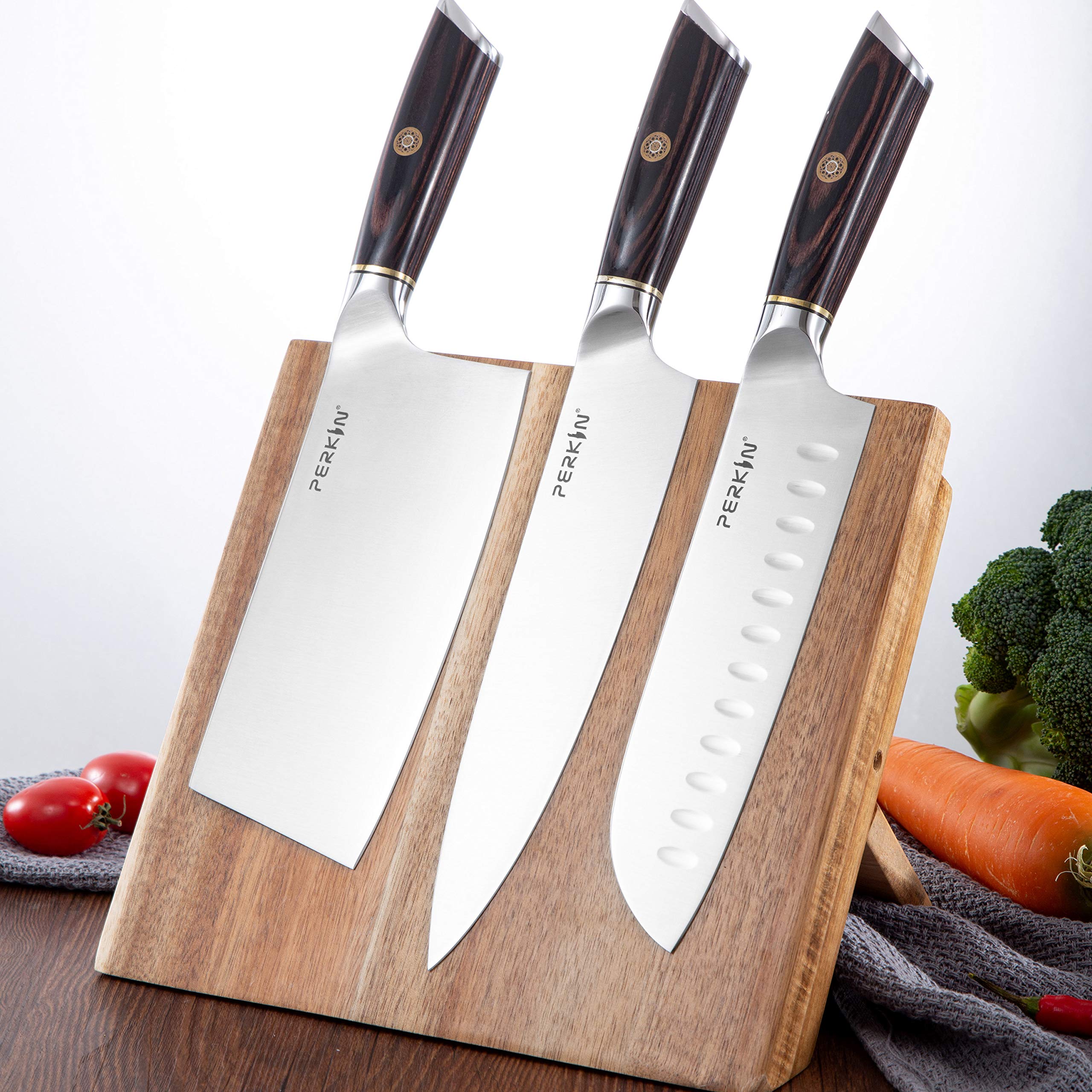 Perkin Chef Knife Set With Block Kitchen Knife Magnetic Holder