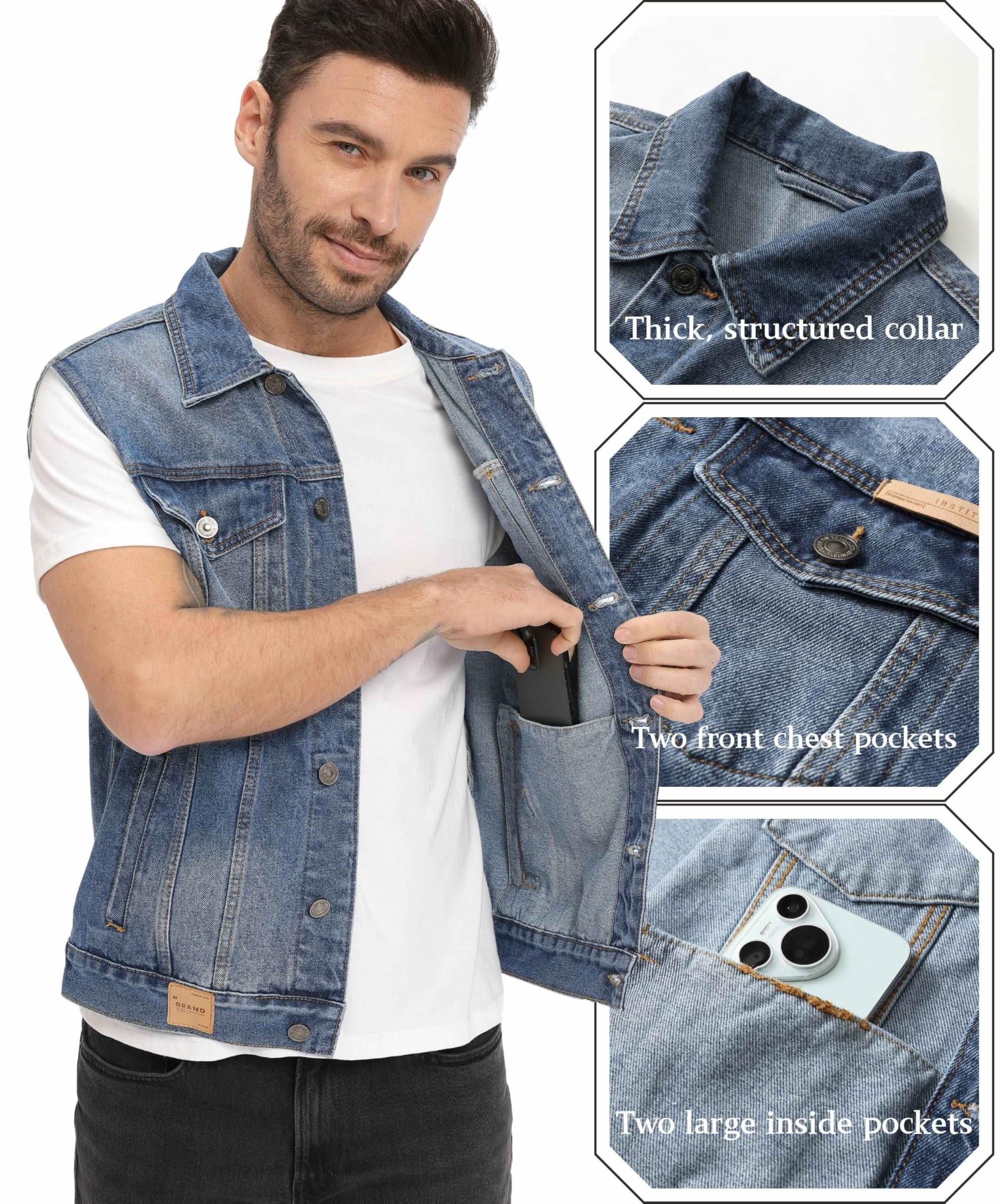 Gilet Jeans per Uomo Multi Tasca Denim Gilets Vintage Cotone Gilet da Moto Senza Maniche Jeans Capispalla Casual Cowboy Giacca