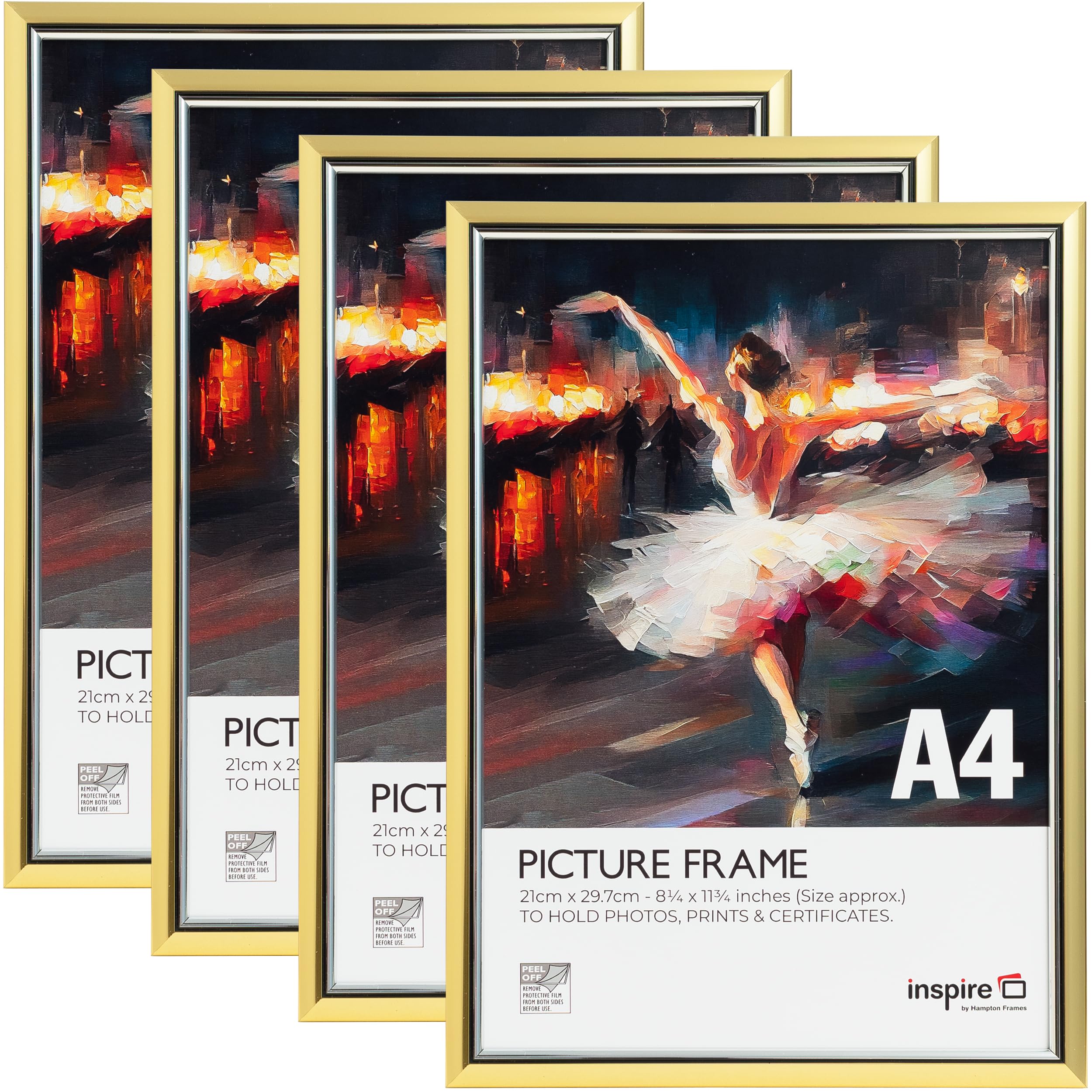 Inspire By Hampton EASYLOADER A4 (21x30cm) Gold Picture Poster Frame Plexi (Non-Glass) 4-Pack IBH-EASA4GDP-PK4
