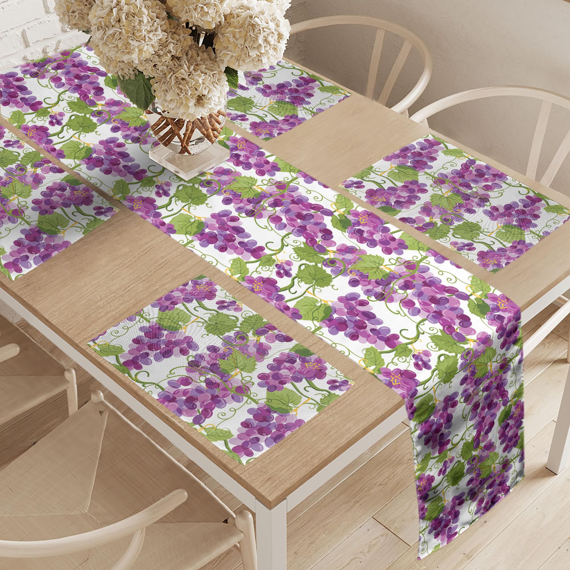 Lunarable Grape Table Runner & Placemats, Vineyard Concept with Violet Tone Ripe Vine Uvas Viticulture Illustration, Set for Dining Table Decor, Placemat 4 pcs + Runner 16