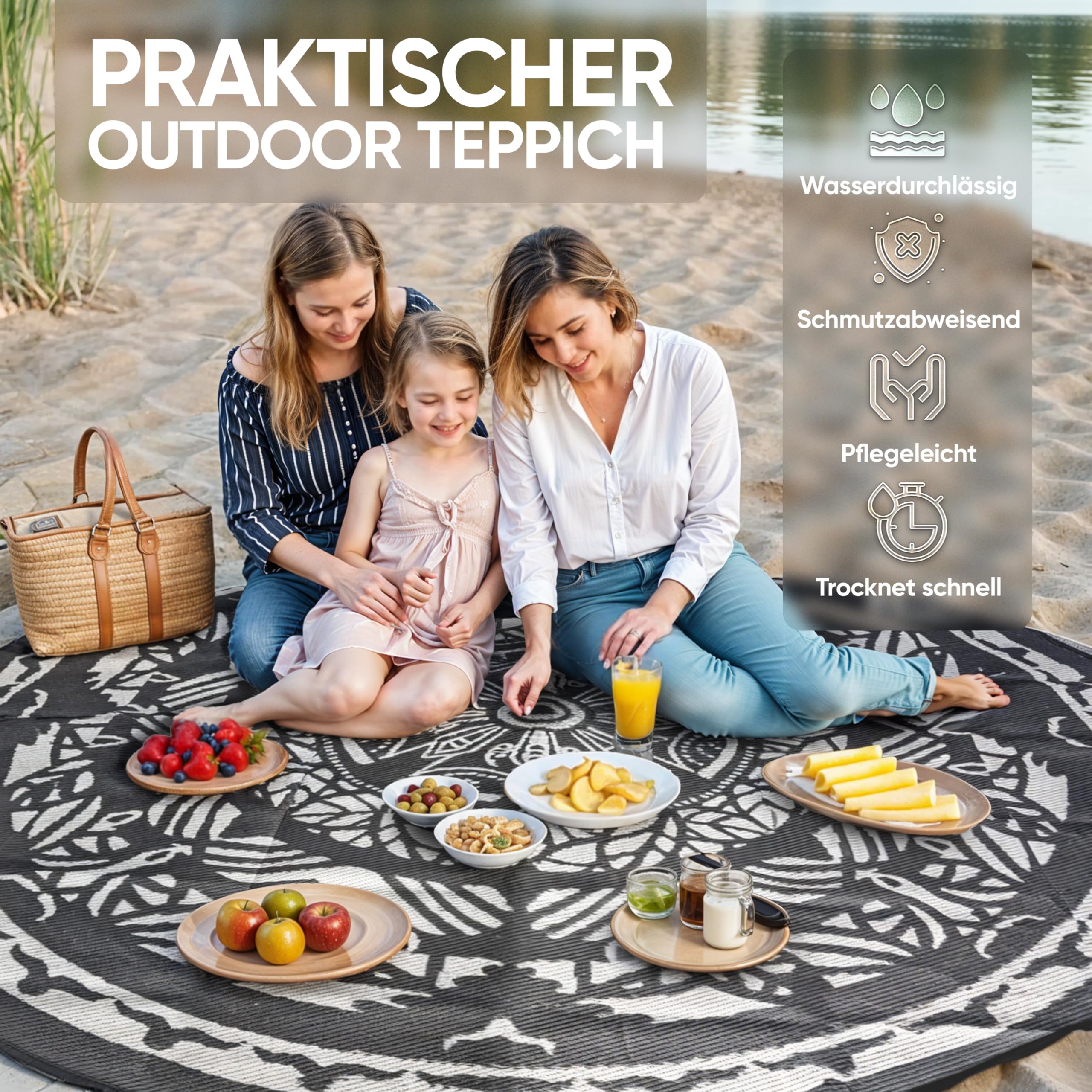 EVOCAMP Outdoor Teppich rund Ø 240 cm, Kunststoffteppich, wetterfest und leicht, Picknickdecke für den Outdoor-Bereich, Vorzeltteppich aus Kunststoff-Fasern, für Terrasse und Balkon (Grau-weiß)