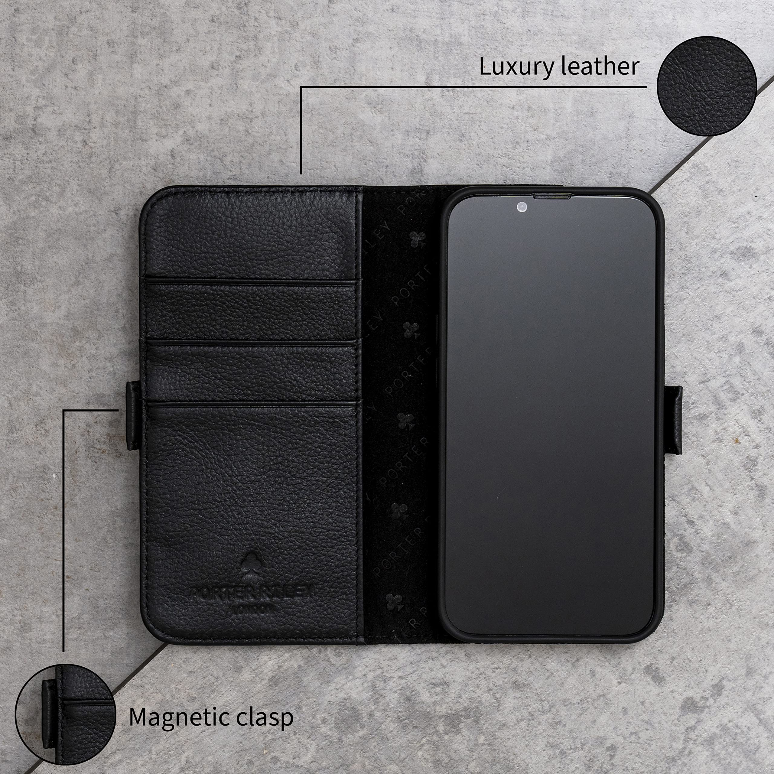PORTER RILEY - Leren hoesje compatibel met iPhone 17. Premium leren standaard/hoes/portemonnee/flipcase met kaartvakken en horizontale standaard (chocoladebruin