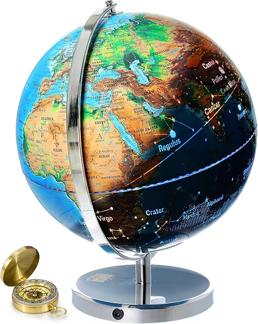 World Globe with Illuminated Constellations – 13” Light Up Globe For Kids & Adults – Gist - Compass Included Makes Great Educational Toys, Office Supplies, Teacher Desk Décor, More by Get Life Basics