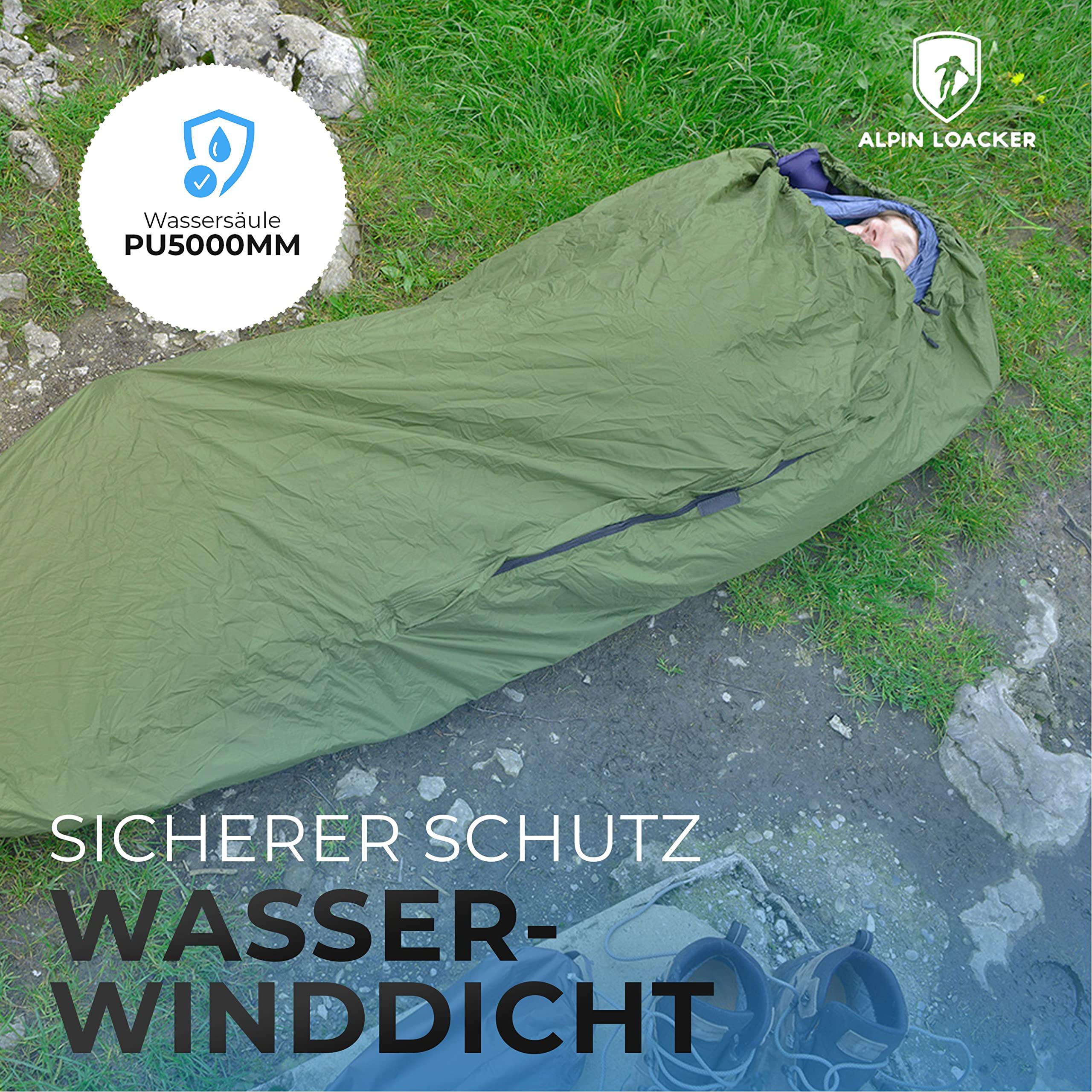 Alpin Loacker Biwak Sack wasserdicht und Ultraleicht I atmungsaktive Schlafsack Schutzhülle und Schlafsacküberzug I Biwakschlafsack I nur 400g