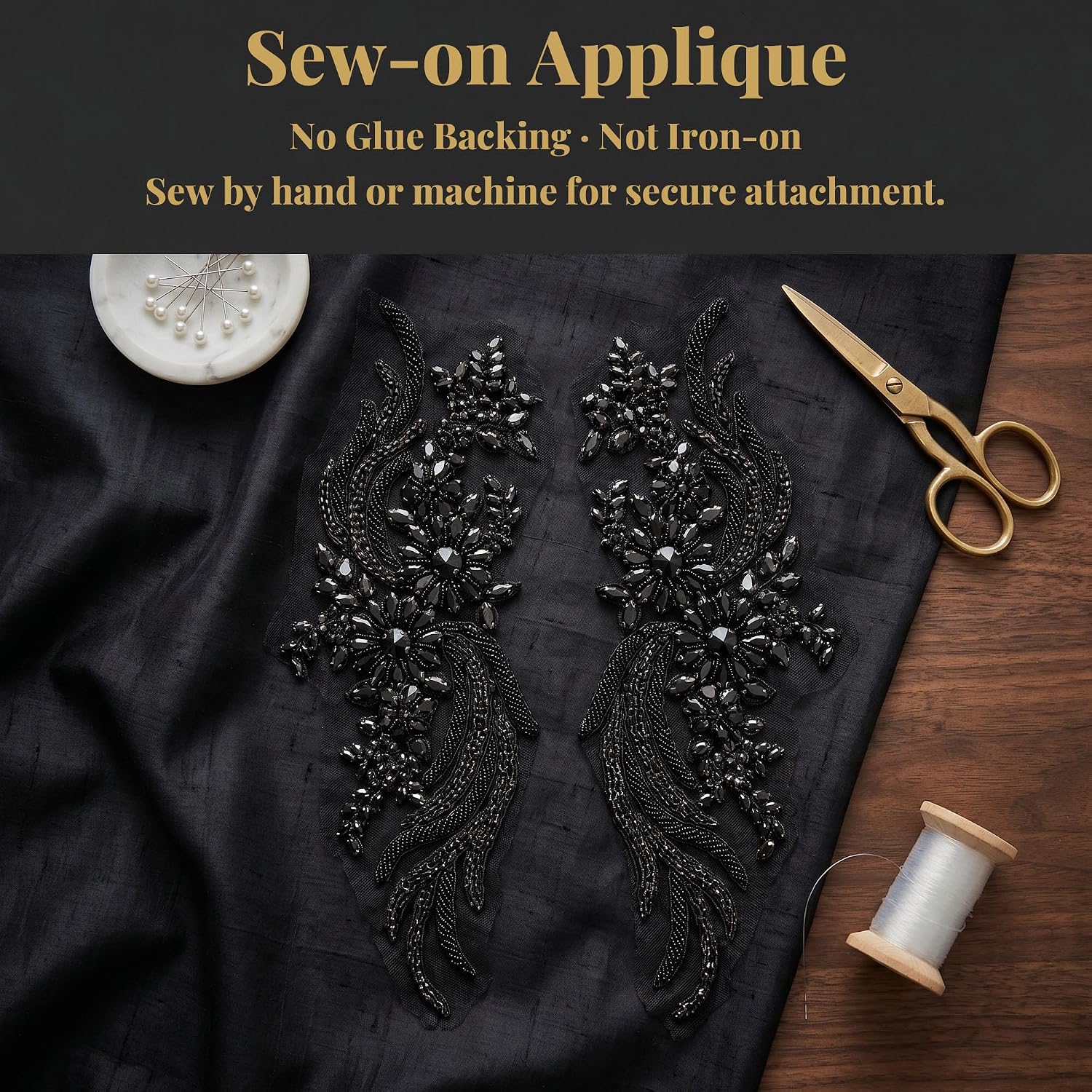 Black Sew-On Rhinestone Applique Pair for Gowns, Dresses, Jackets