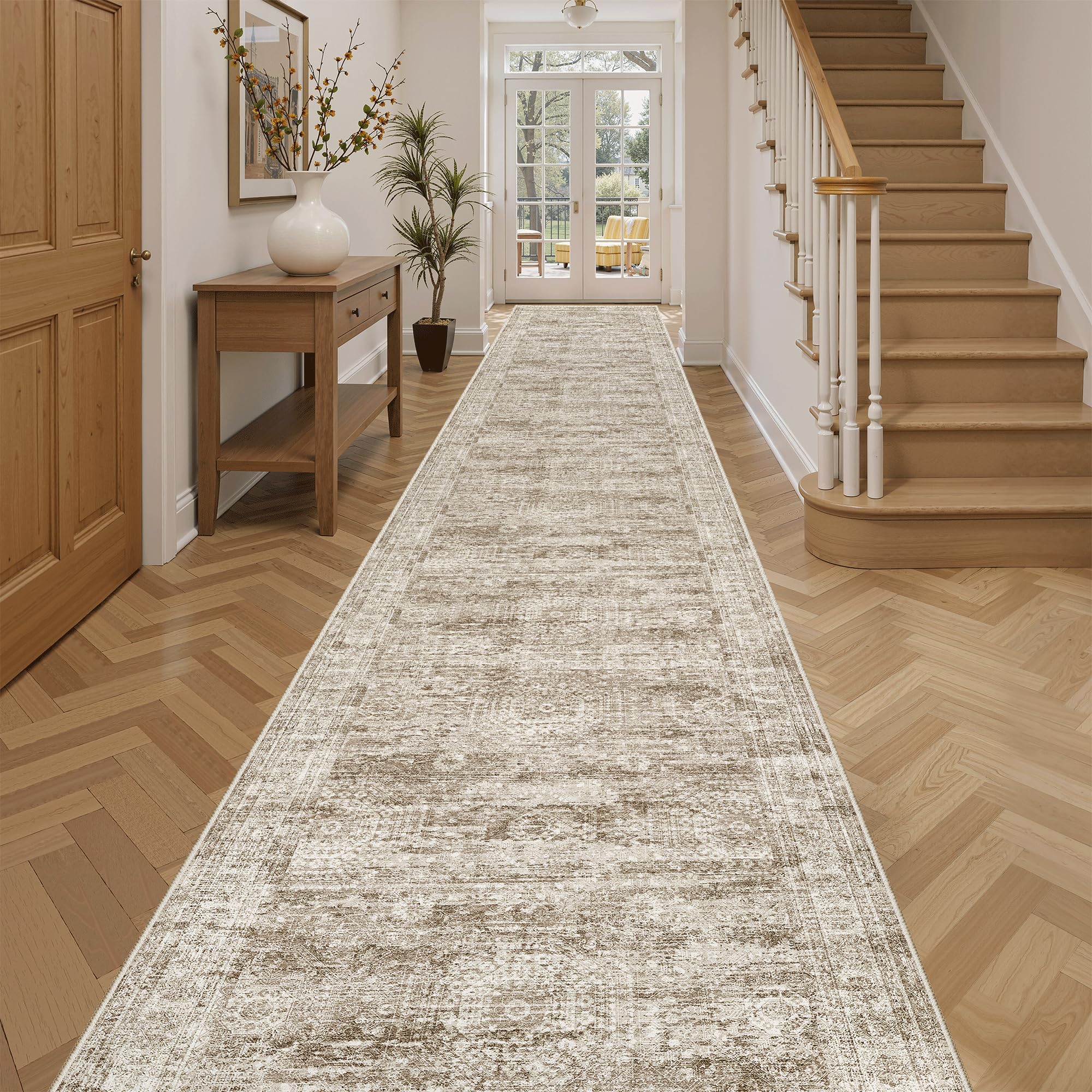 Soalmost Hallway Runner 3x14 - Runner Rugs 14ft Washable Entryway Rug Vintage Kitchen Runners Non Slip Indoor Rug Farmhouse Carpet Runner for Bathroom Living Room Bedroom, Brown