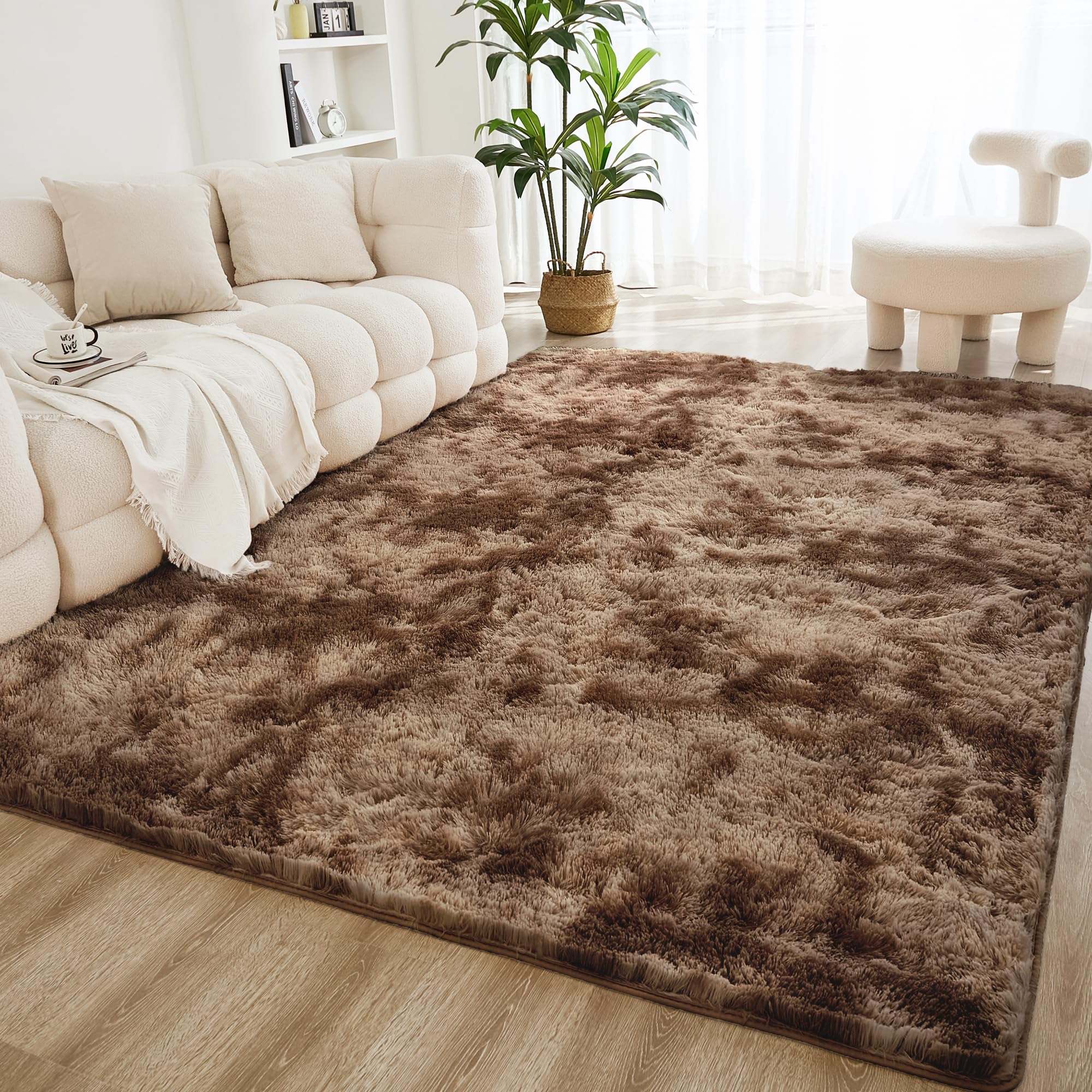 Litanika 4x6 Shag Area Rug for Living Room Bedroom, Tie-Dyed Brown Fluffy Shaggy Fuzzy Nursery Kids Girls Boys Room Rug, Coffee Soft Plush Furry Bedside Carpet, Non-Slip, Non-Shedding Indoor Floor Rug