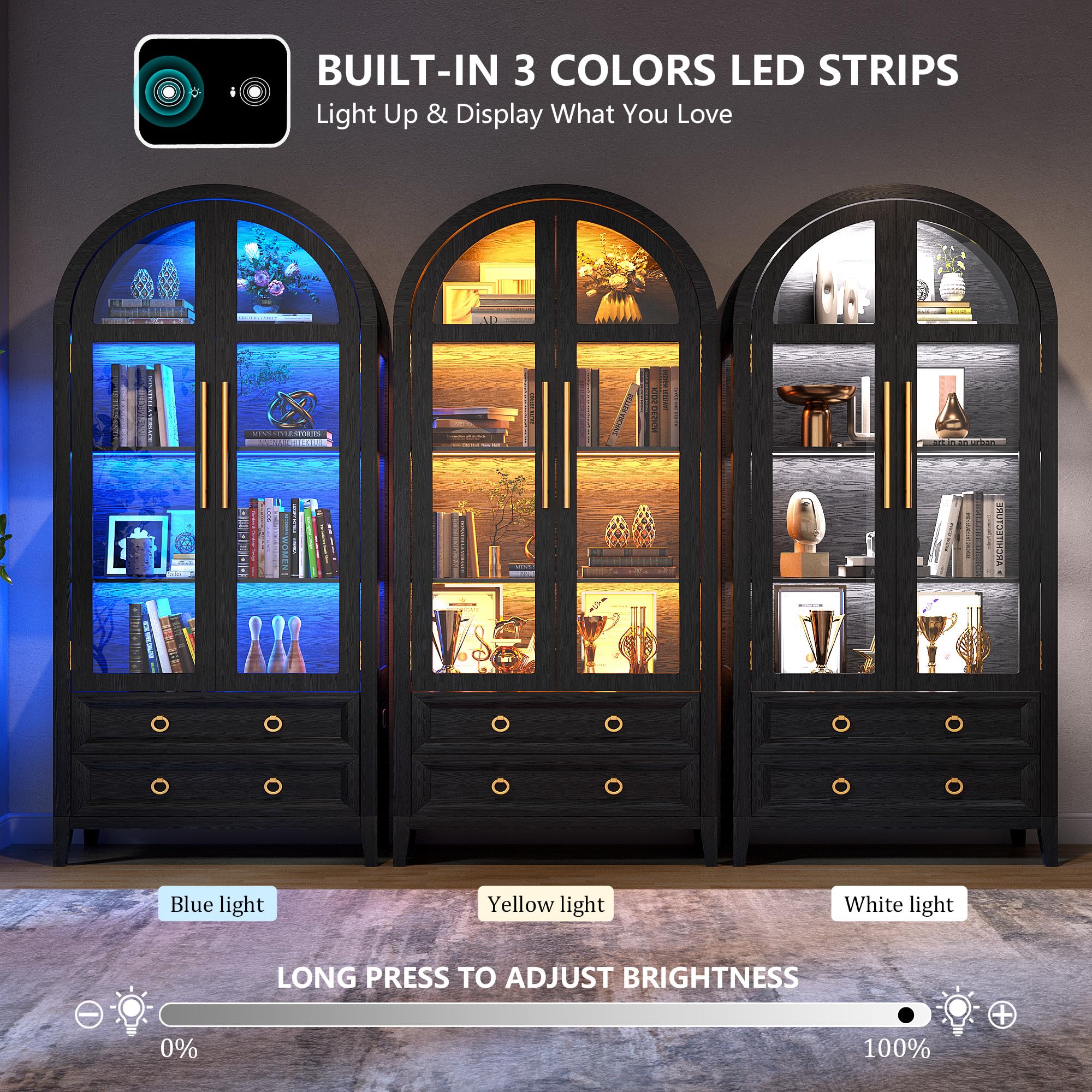 LVSOMT Gewölbte Glasvitrine mit LED Beleuchtung, 180cm Vitrinenschrank mit Glastüren, Bogen Vitrine mit 4 Display Regale und 2 Schubladen, 3 Farbe Licht, Vitrine Glas Holz Wohnzimmer Flur, Schwarz