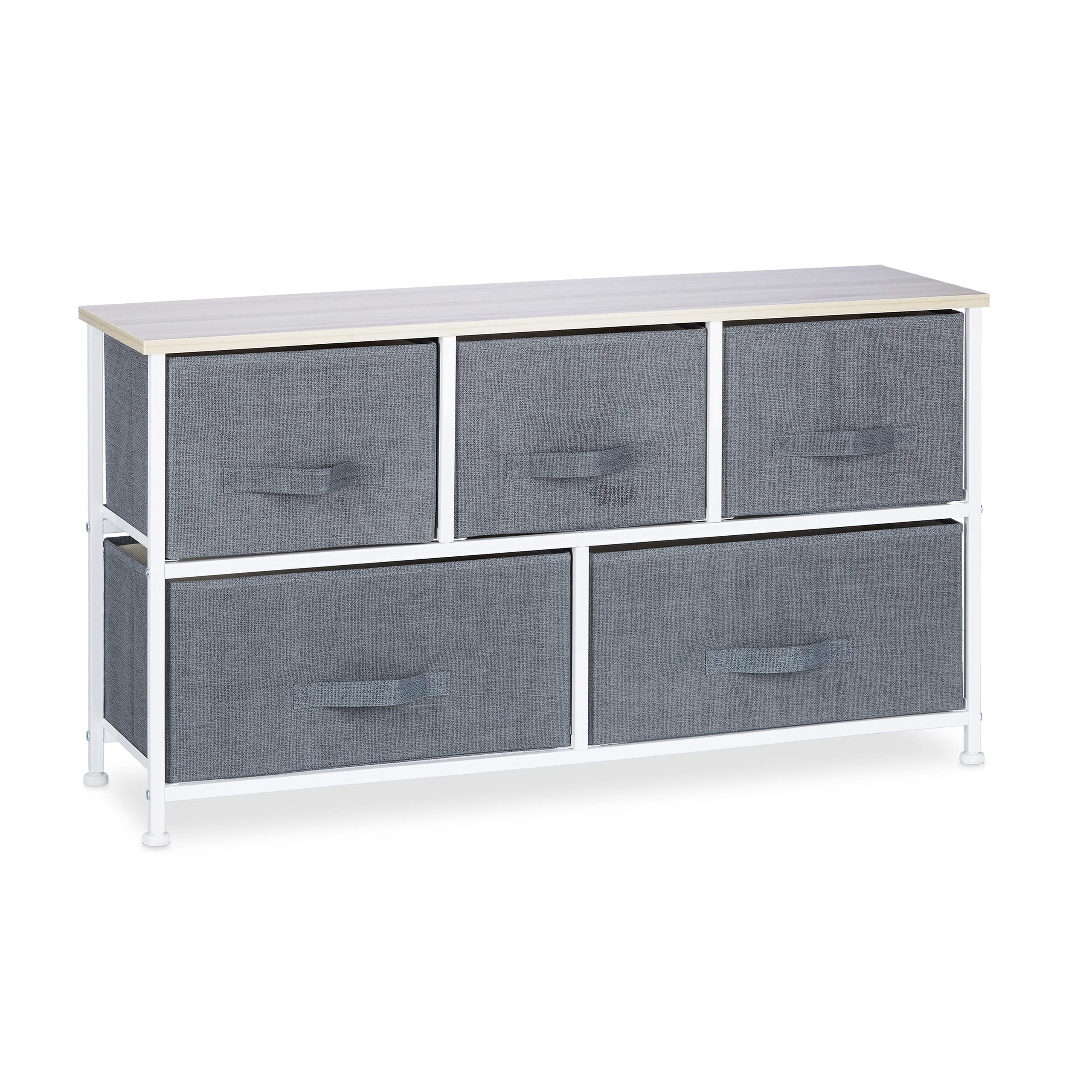 Relaxdays Regalsystem, 5 Stoff-Schubladen, HxBxT: 54,5 x 100 x 30 cm, universale Schubladenbox, Metall und Holz, grau, Design: E, Variante E