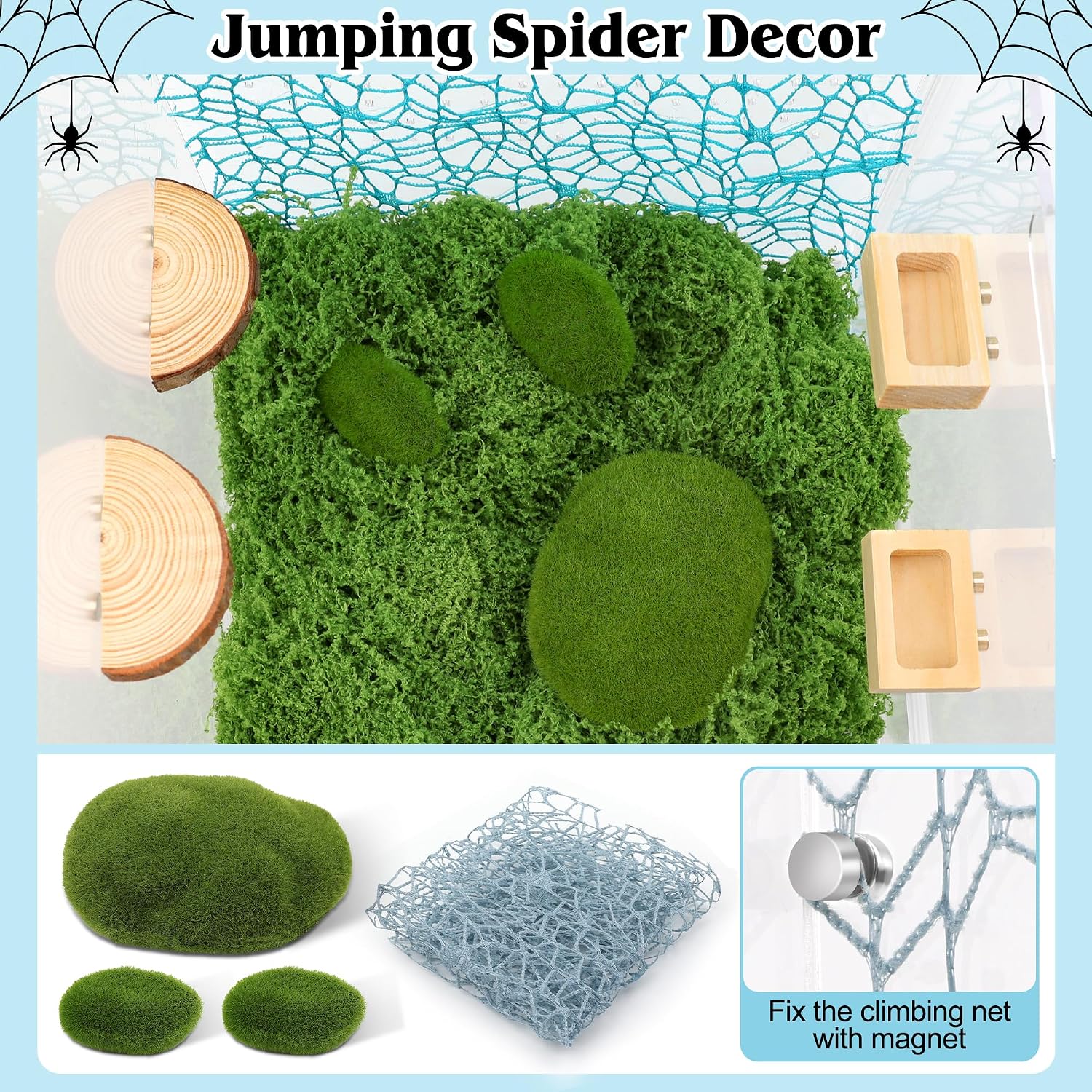 8P Jumping Spider Accessories Kit with Magnetic Jumping Spider Hides for Tarantula Enclosure Climbing Decor Accessories, and Fake Grass Ball, Small Climbing Net(No Spider Enclosure) image 5