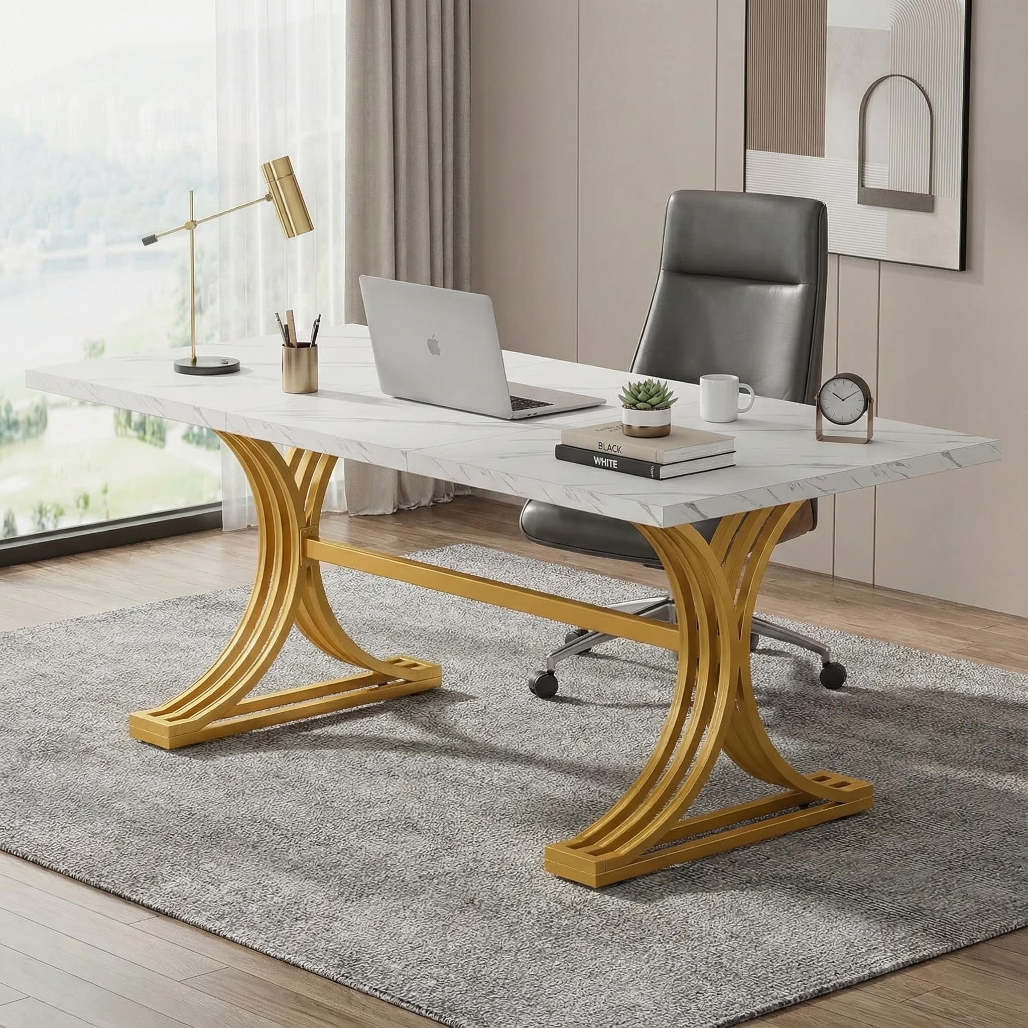 Lailang 160cm Escritorio, Mesa Escritorio Industrial, Mesa Ordenador E Impresora, Escritorio Roble, Mesa Comedor de 160 x 80 x 80 Cm, Mesa Oficina Grande, 160 x 80 x 75 cm, Blanco Y Oro