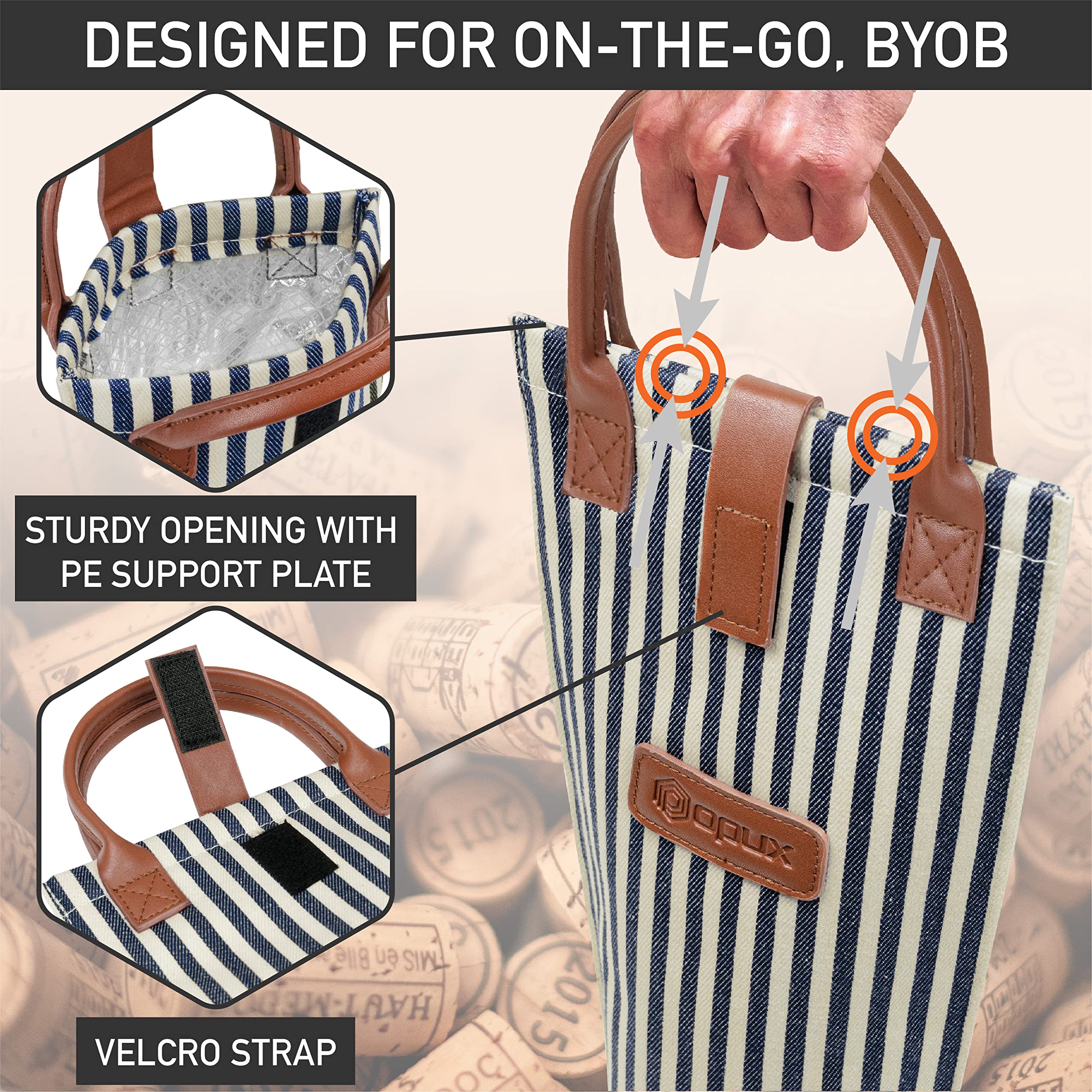 OPUX Bolsa de vino para una sola botella, bolsa térmica de viaje para picnic, playa, regalo, térmica, acolchada, portátil, para mujeres, hombres, amantes del vino, rayas blancas y azul marino