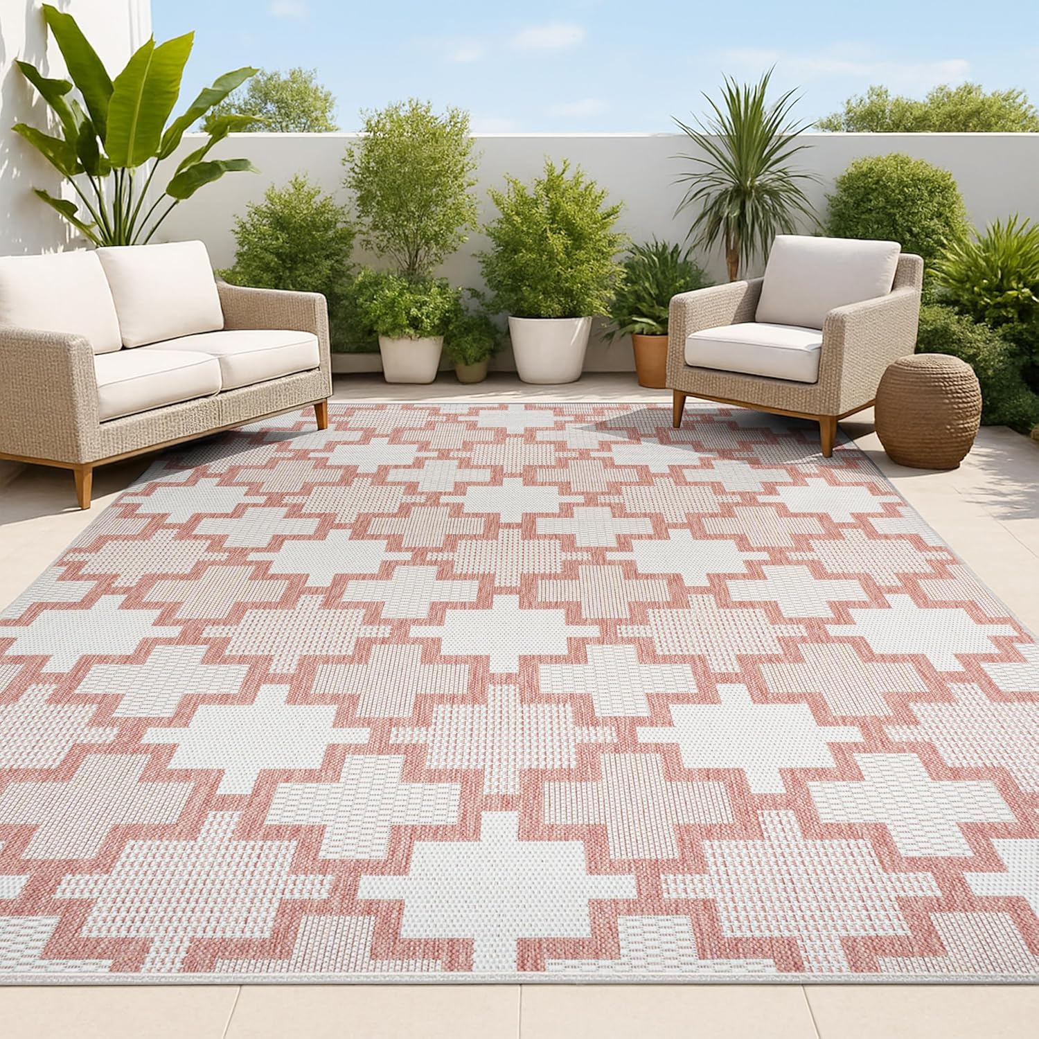 JONATHAN Y Geometric Tile Pattern Indoor Outdoor Area Rug 3X5 Salmon/Cream, Cyrus Modern for Backyard, Patio, Porch, Easy-Cleaning, High Traffic, Pet-Friendly, Non-Shedding (TSN200A-3)