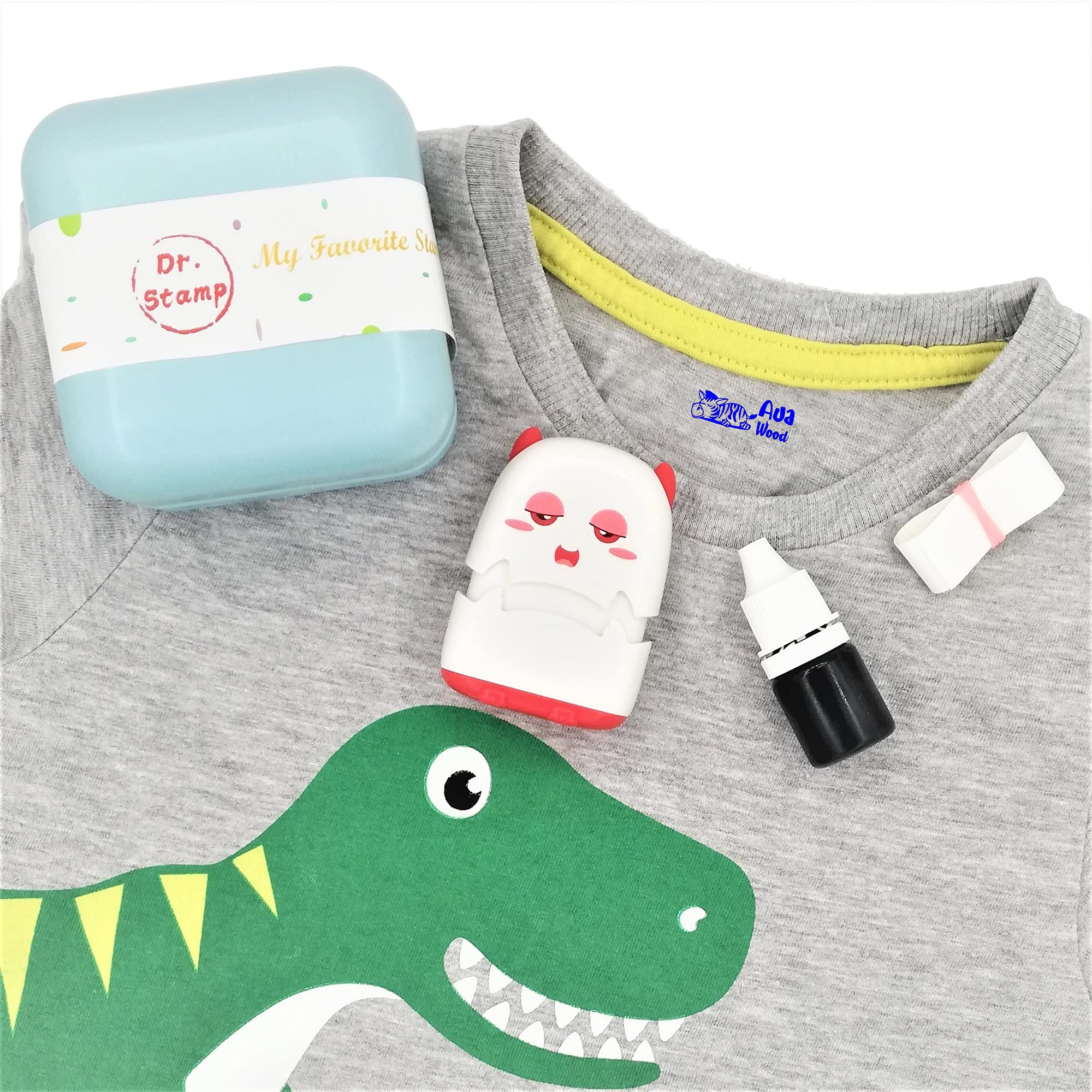 Dr. Stamp - Personalised Name Stamp, Custom Name Stamper for Kids Clothes School Uniform, Care Homes, Daycare, Nursery. Special Washable Ink, no Come Off Stick Sticky Name Labels in the wash!(White)