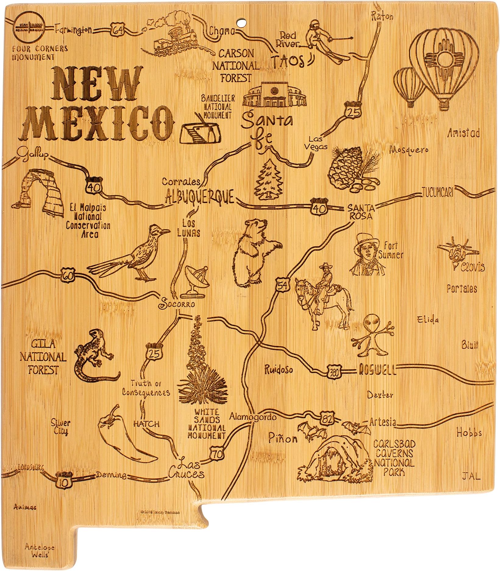 Destination New Mexico State Shaped Serving and Cutting Board, Includes Hang Tie for Wall Display