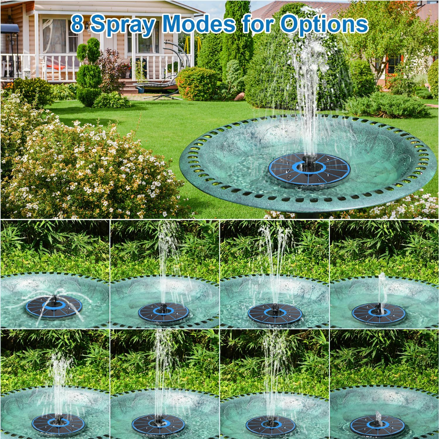 3.5W Solar Fountain with Battery - Work On Cloudy Days - Upgrade Glass Panel Solar Bird Bath Fountain, Hummingbird Water Feature Pump with 7 Nozzles, 4 Fixed Pipes for Garden, Pool, Pond