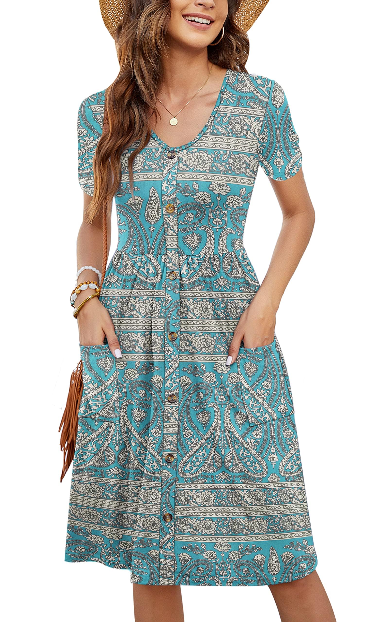 AIOIDI Vestidos de Verano para Mujer Mangas Cortas Escote en U Casual Swing Cintura elástica Vestido Midi con Bolsillos