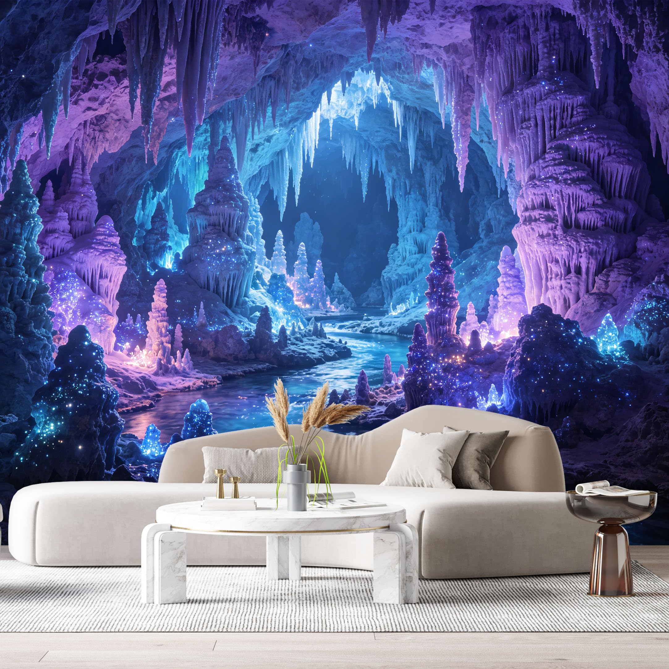 Custom Size Wall Murals Glowing Underground Cave 3D Trompe L'Oeil Stalactite Stalagmite River SelfAdhesive Wall Fabric Removable Large Wallpaper for Photo Living Room