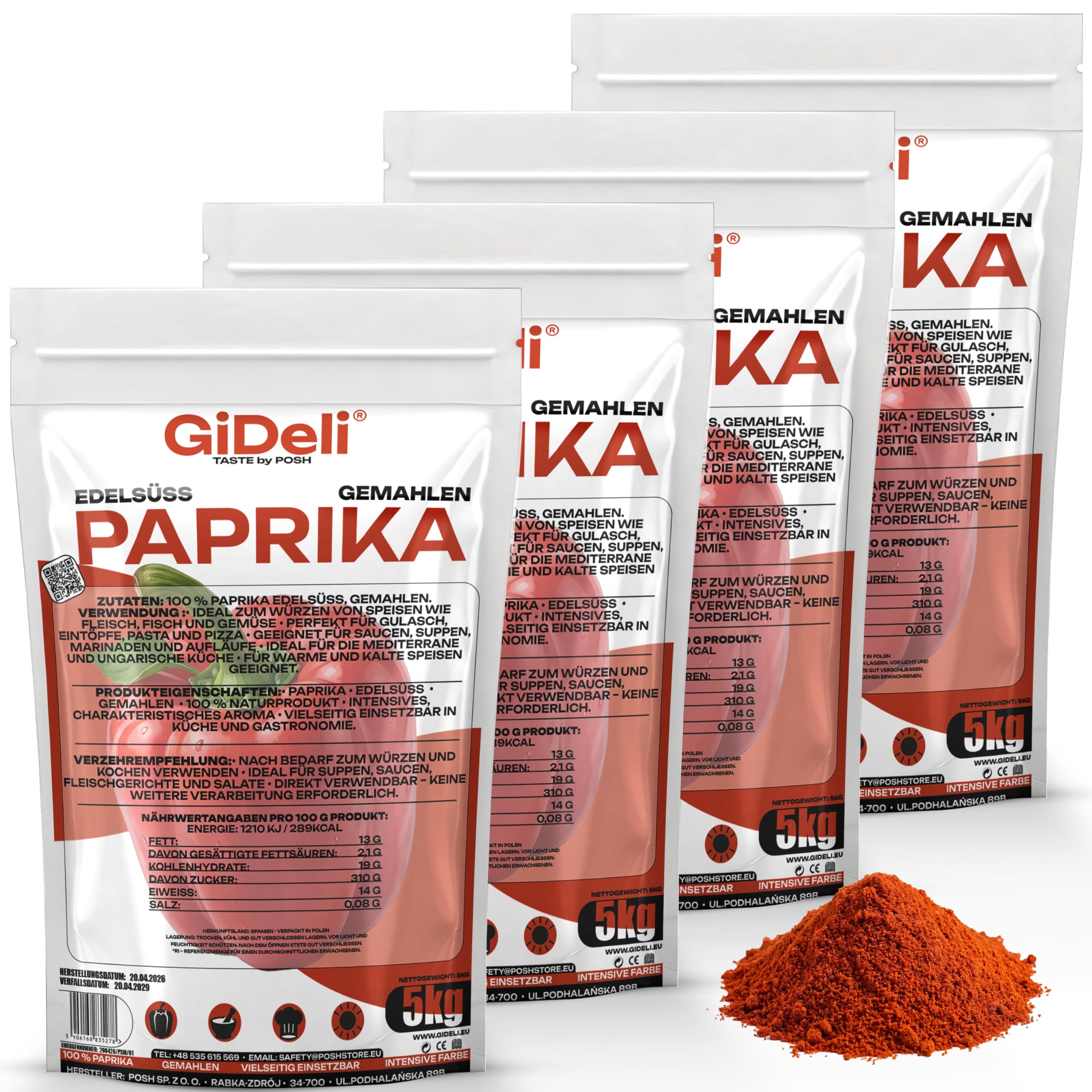 GiDeli Paprika Edelsüß Gemahlen 4x5kg - 100% Paprika ohne Zusätze - Vegan & Glutenfrei - Spanisches Paprikapulver & Pimentón - Mildes Aroma - Rotes Gewürzpulver - Ideal für Gulasch & Pasta