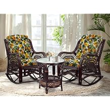 Malibu Handmade Natural Rattan Living Room Set of 2 Rocking Lounge Chairs and Round Coffee Table with Glass, Dark Brown with Floral Cushions